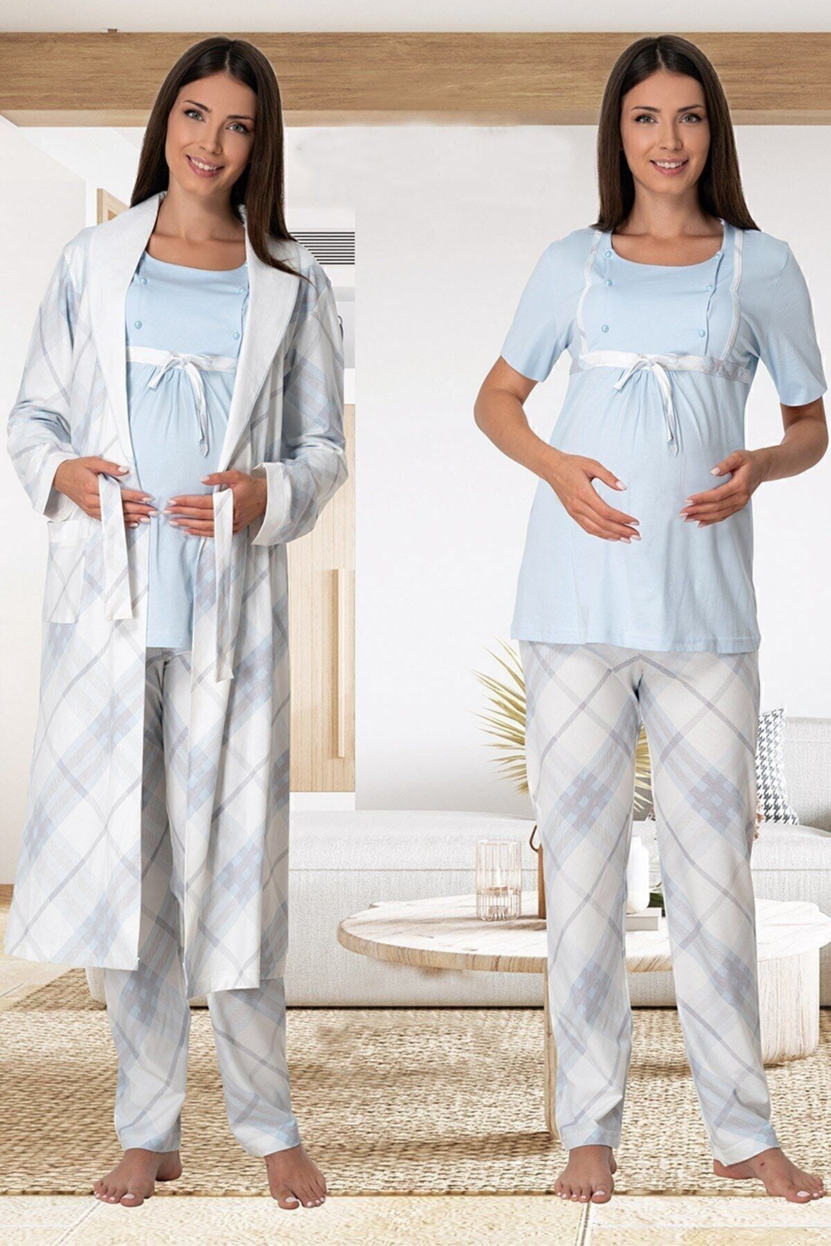 Effortt 6024 Kolay Emzirme Özellikli Mavi Sabahlıklı Hamile Lohusa Pijama Takımı