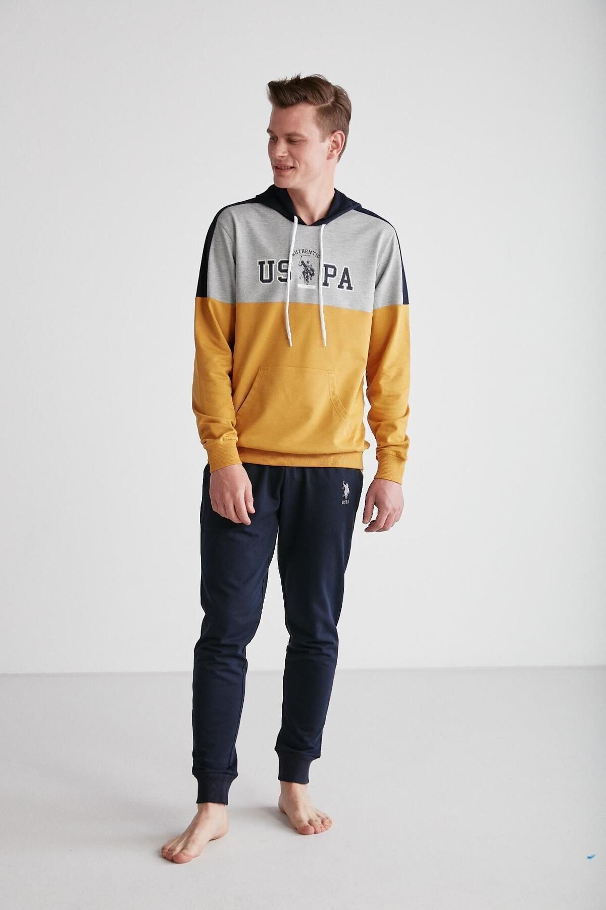 U.S. Polo Assn. پایه. POLO ASSN. ست لباس خواب مردانه کلاهدار زرد 024K.Z1E8TA7GR1P4