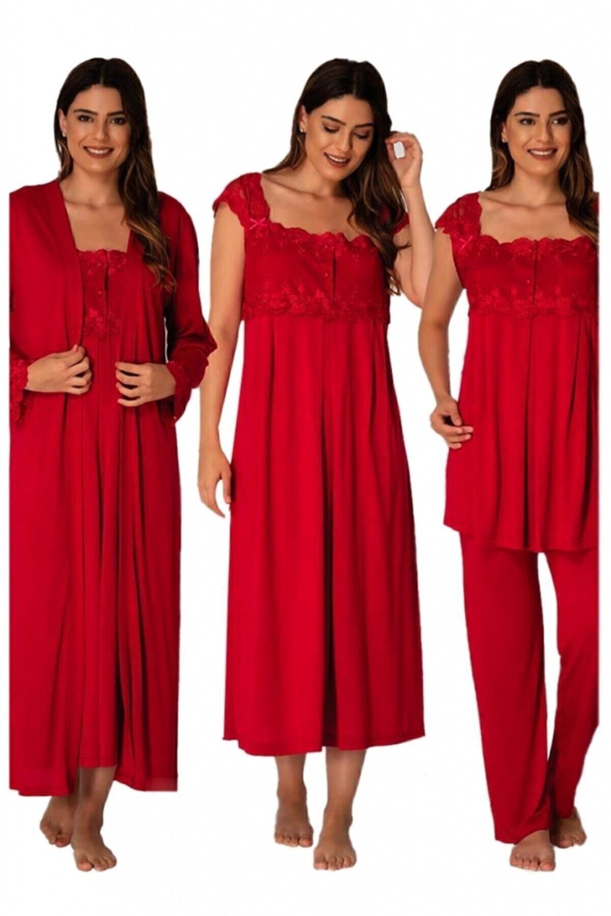 E&C HAMİLE ÇARŞISI Kadın Kısa Kol Vişne Nina Hamile Gecelik Pijama Sabahlık Set