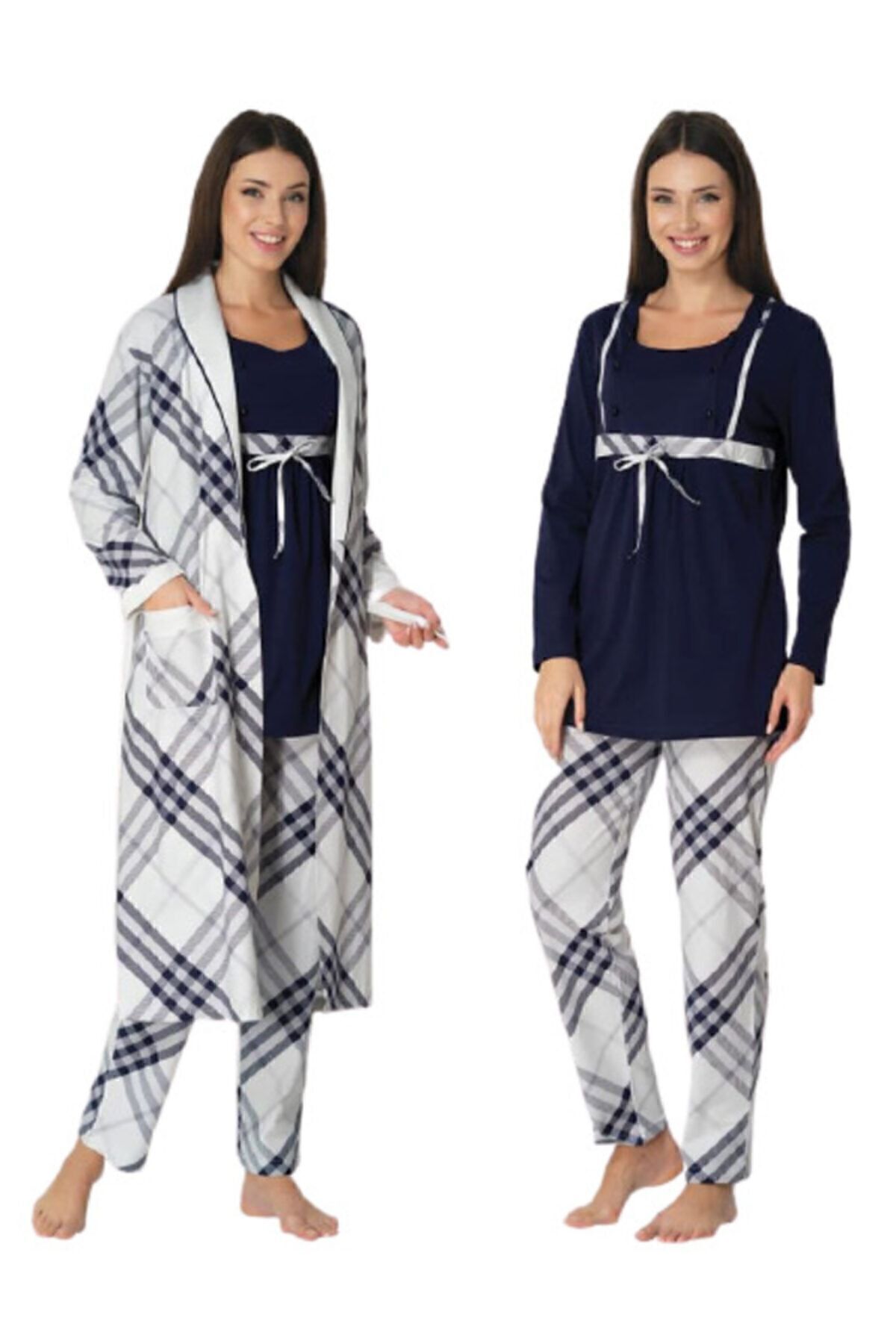Effortt 8084 Set Cămașă De Noapte Pentru Maternitate, Albastru Bleumarin, 3 Piese Femeie - 2XL