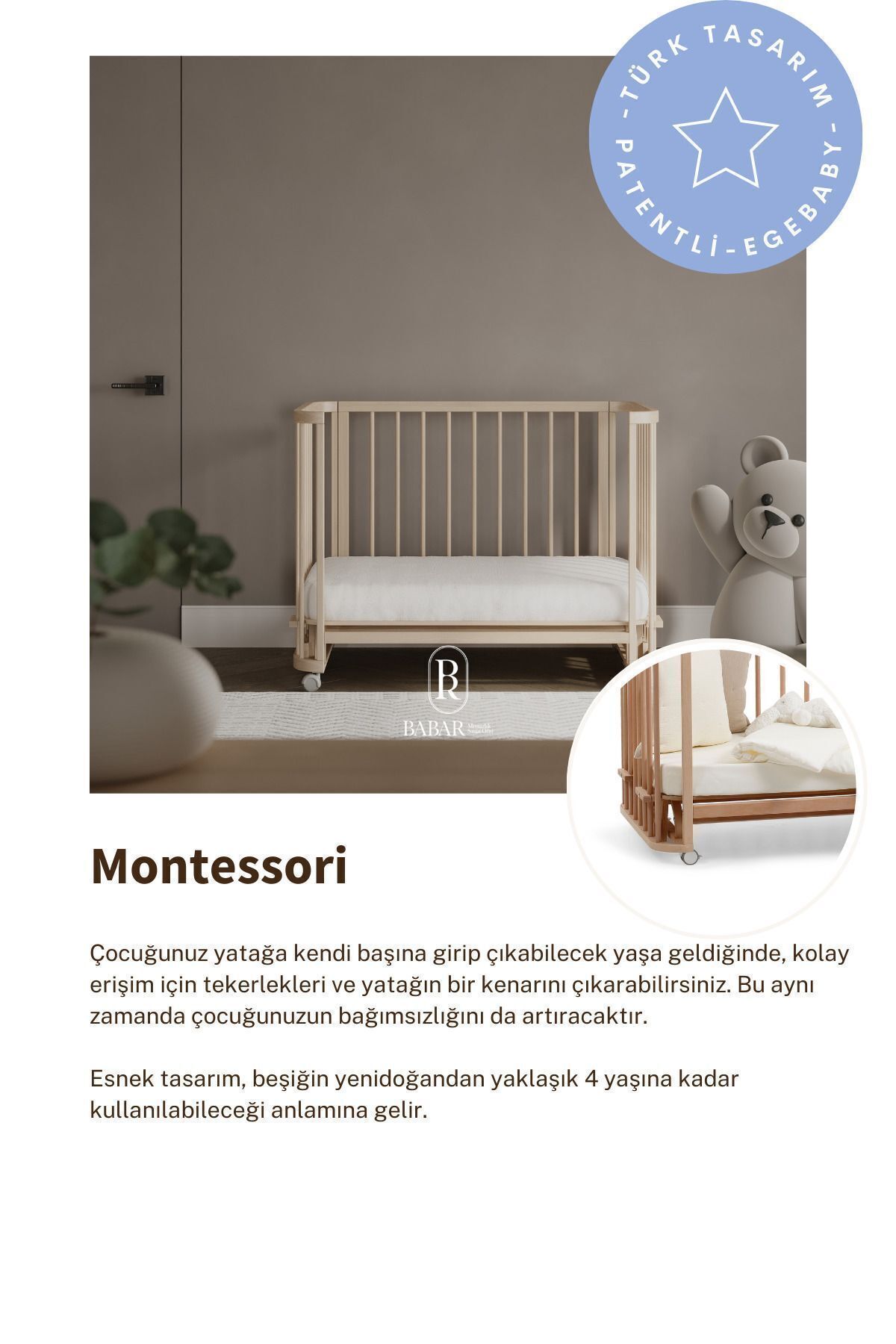 EGEBABY Doğal Ahşap 4in1 Beşik Takım (BL) 70 X 110-anneyanı, Karyola, Oyun Parkı, Montessori Junior Yatak fotoğrafı 7 (önizleme)