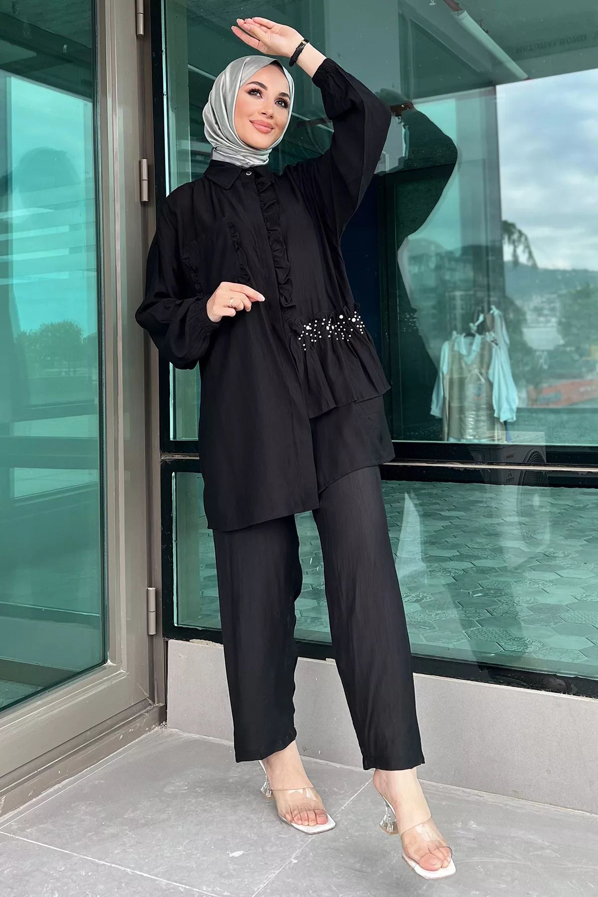 julude-Hijab Double Suit - Black Drawstring Pearl Tunic and Trousers 2