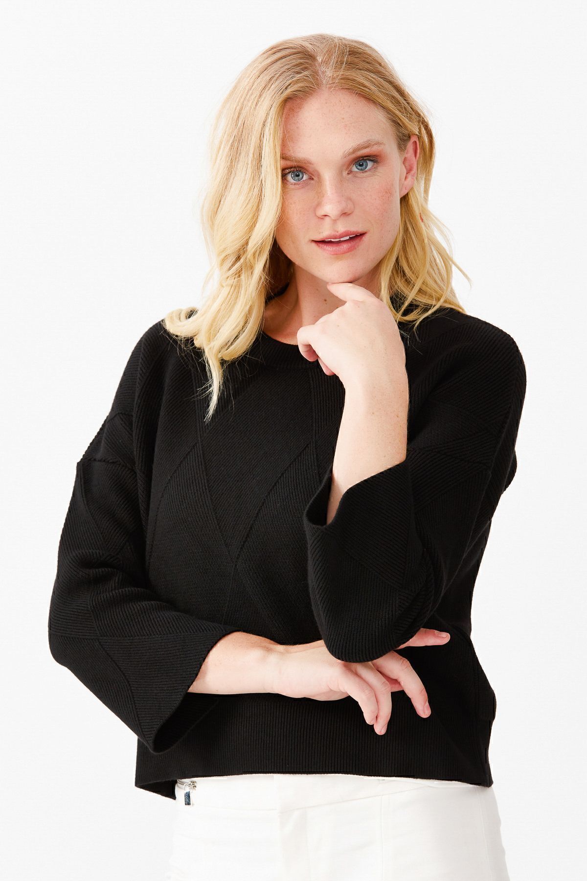 Desen Triko-Pulover scurt pentru damă, cu gât turnu, în față, cu model de diamante, negru 4