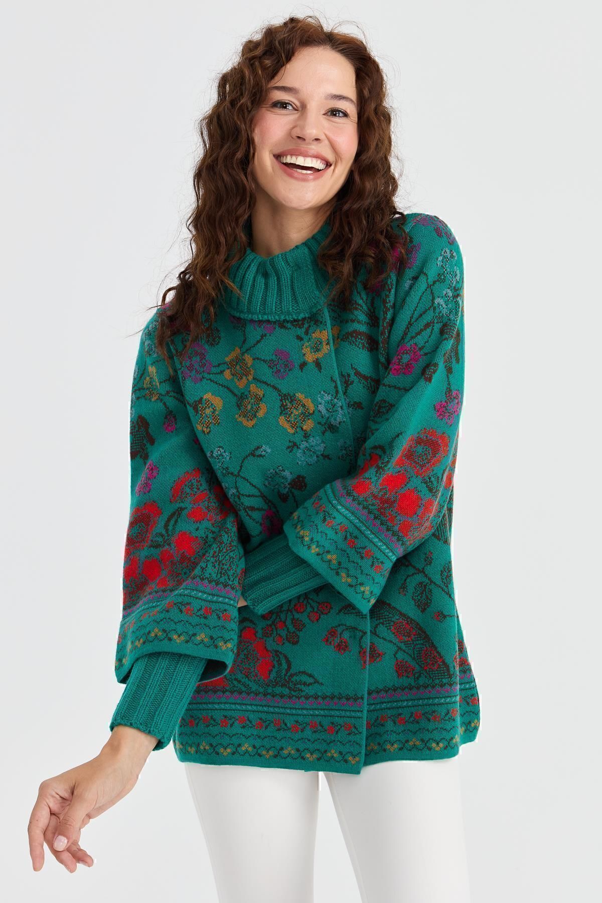 Desen Triko  Kadın Dik Yaka Sarmaşık Çiçekli Yün Ceket A.ö.başı - Görsel 5