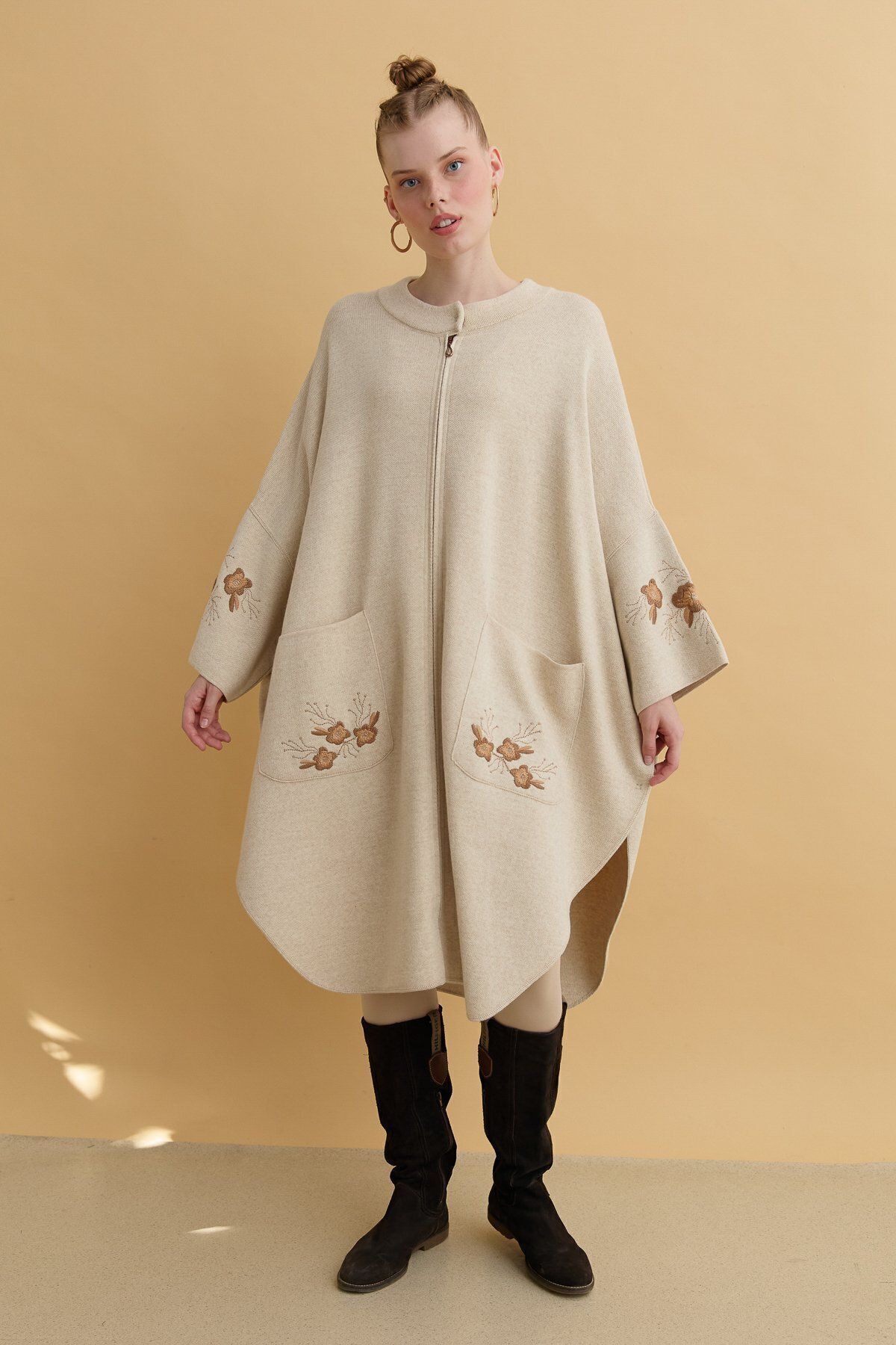 Women's Upright Neck Sleeve & Pocket Embroidered Poncho