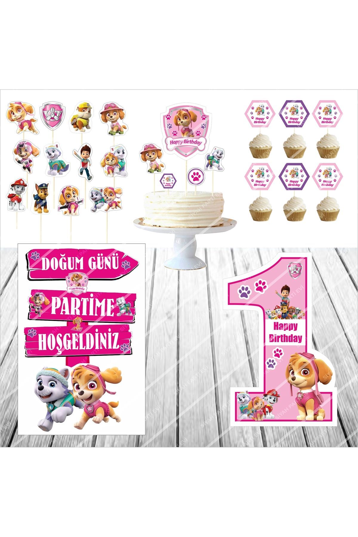 Paw Patrol Skye 1 Yaş Doğum Günü Masa Maketi / Pasta Süsü Seti