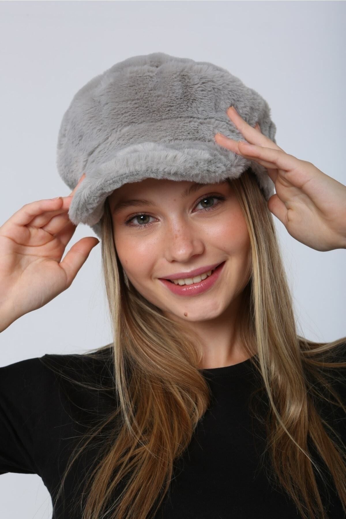 Luminos Butik-Pălărie gri de iarnă - Accesoriu din blană groasă, caldă, pufoasă Spk1128 7