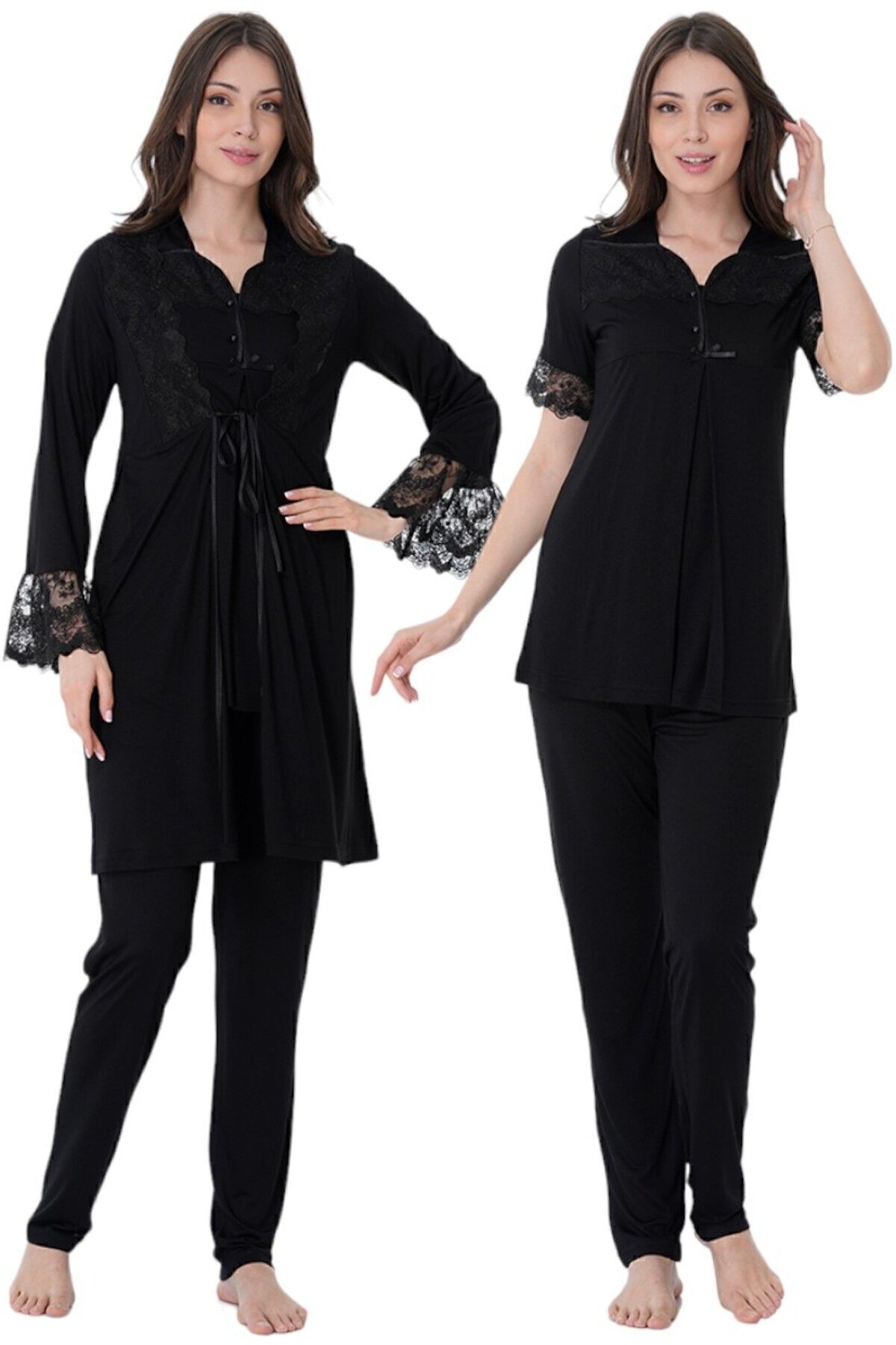 ByLohusa Effortt Siyah Sabahlıklı Hamile Lohusa Pijama Takımı