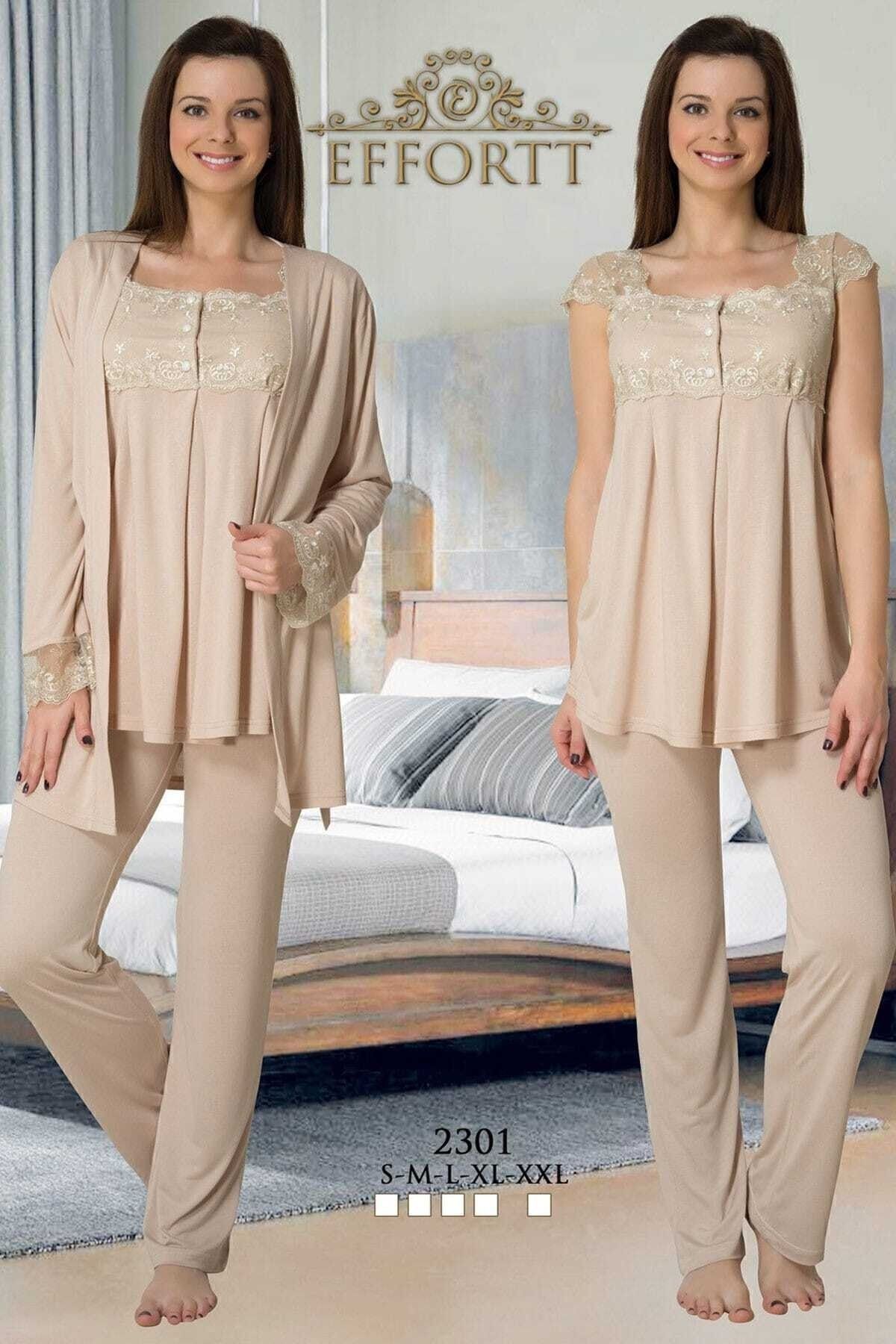 Effort Pijama-Pregnant Effort Maternity 3-Piece Pajama Set Beige 1