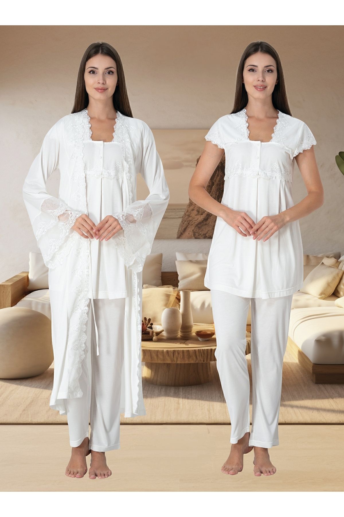 ByLohusa Set Pijama De Maternitate Si Maternitate Ecru - Cu Halat Femeie - 2XL