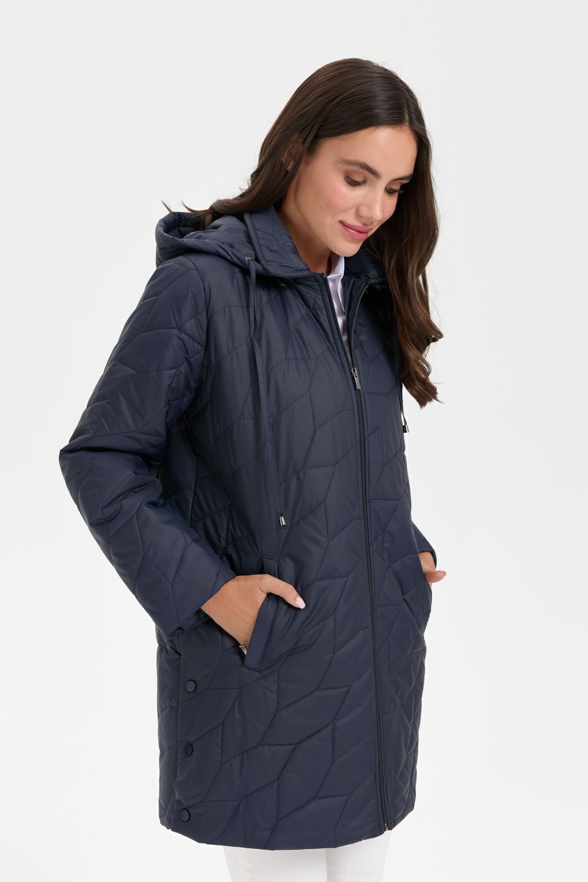 Desen Triko  Kadın Polo Yaka Yanları Çıtçıtlı Yaprak Desenli Araboy Kapitone Kaban Lacivert - Görsel 5