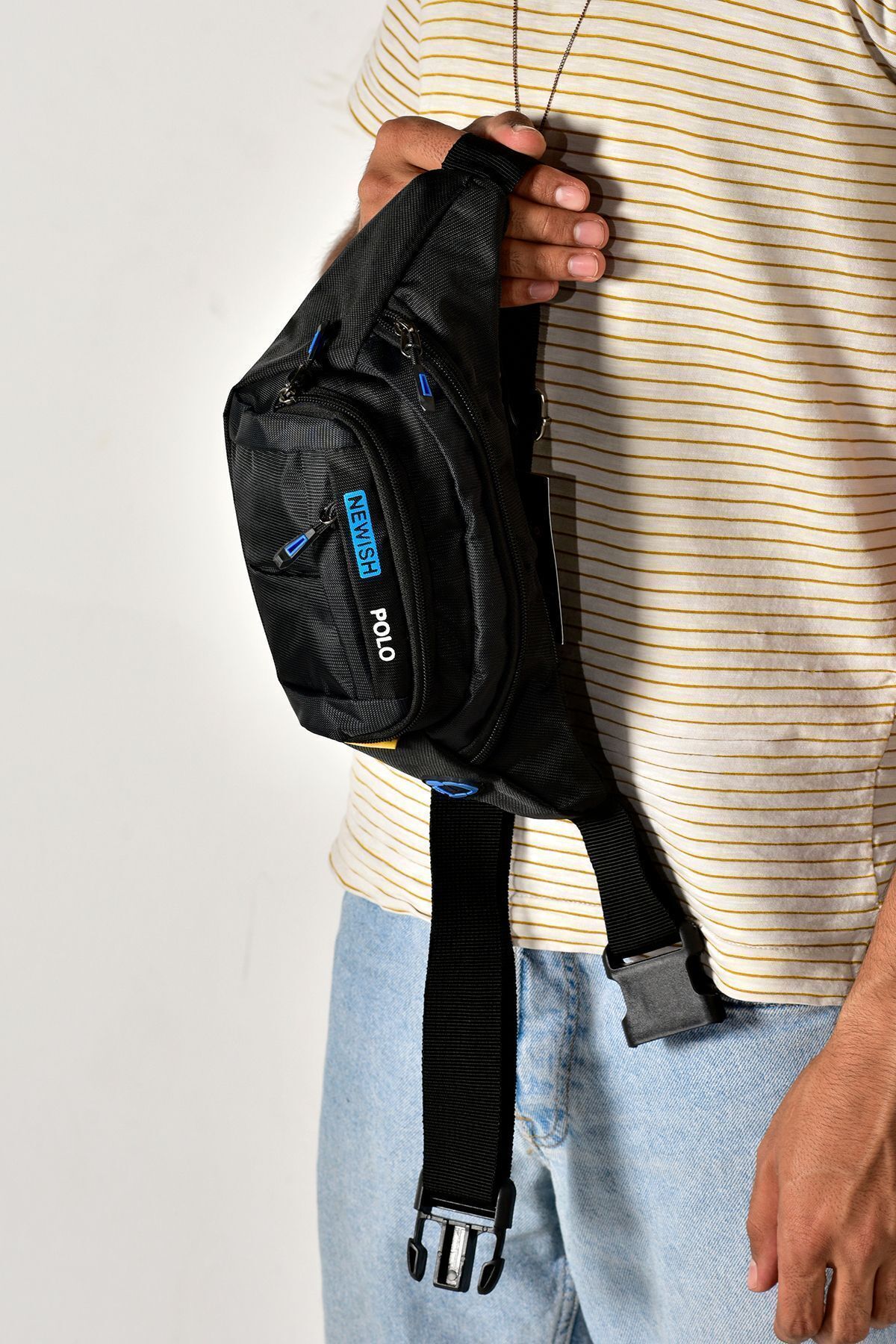 tuldar Siyah Kumaş Usb Kulaklık Çıkışlı Crossbody Çapraz Göğüs Omuz Ve Bel Çantası görsel 5