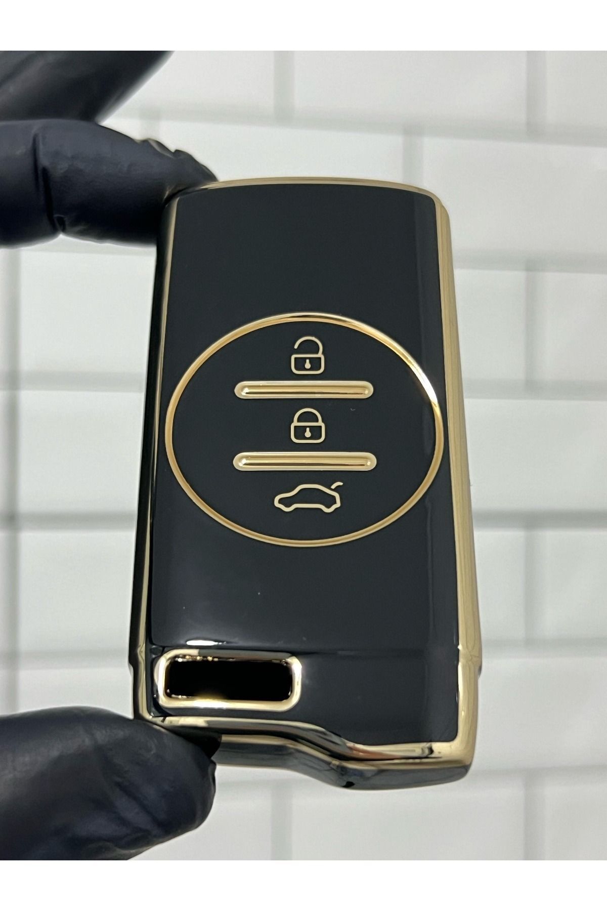 GMA KEYS Lüx Chery Tiggo 7 Pro 3 Buton Smart Nano Anahtar Kılıfı Siyah Gold Altın Renk 1.ci Kalite