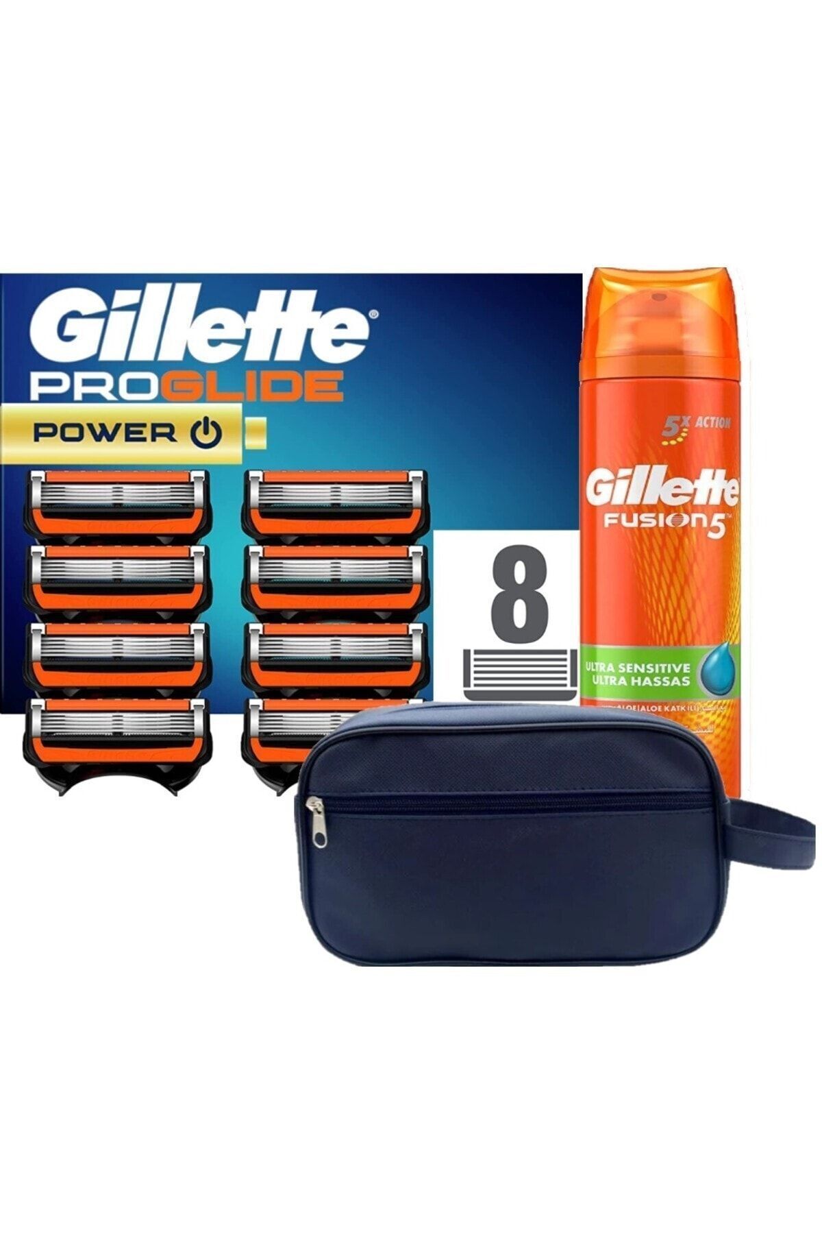 Gillette Proglide Power 8 li Tıraş Bıçağı Karton Paket + Fusion 200 ML Jel + Seyahat Çantası