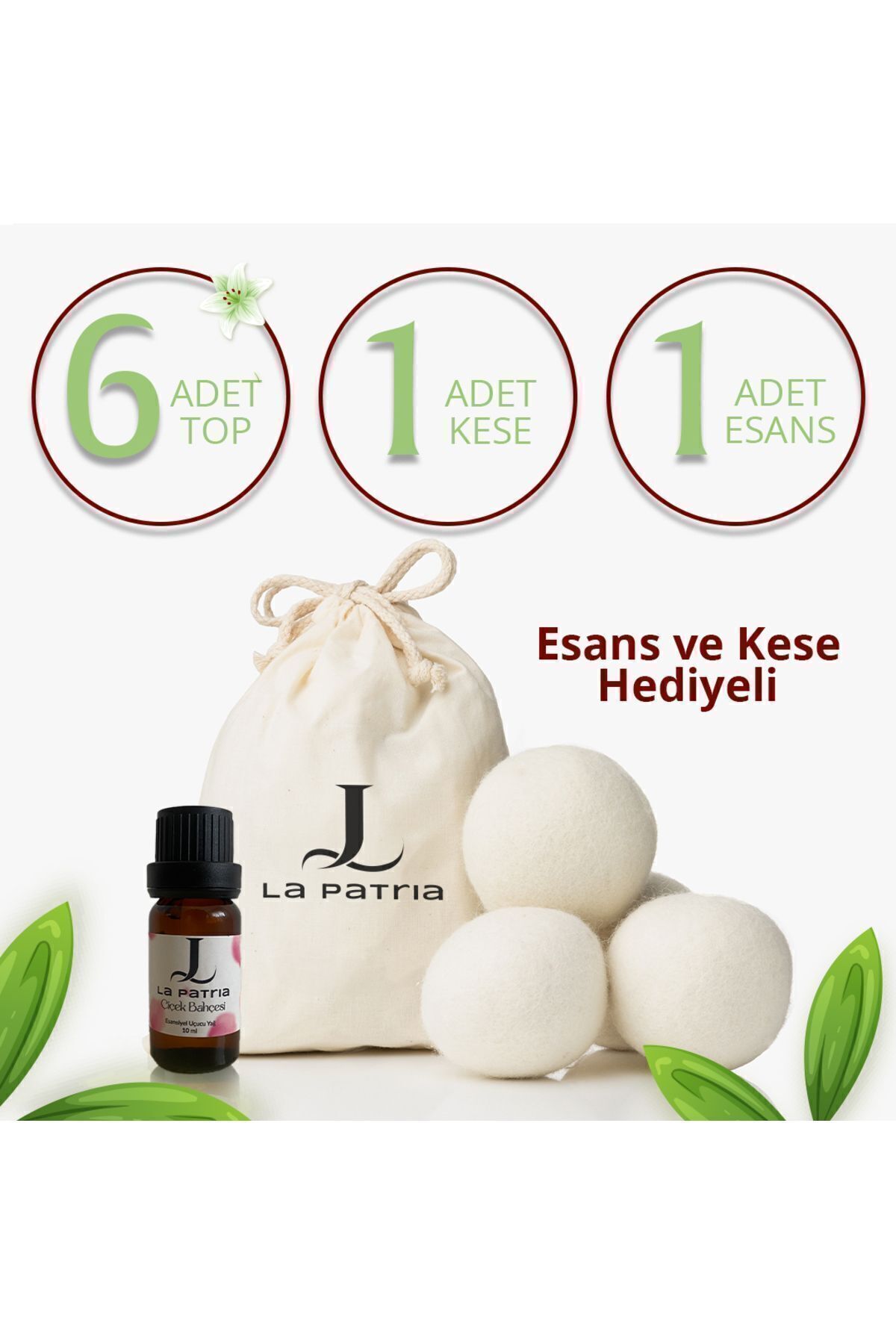 LaPatria 6 Adet Xxxl Yün Çamaşır Kurutma Makinesi Topu (1ADET KESE VE 1 ADET ESANS YAĞ 10ML HEDİYE)