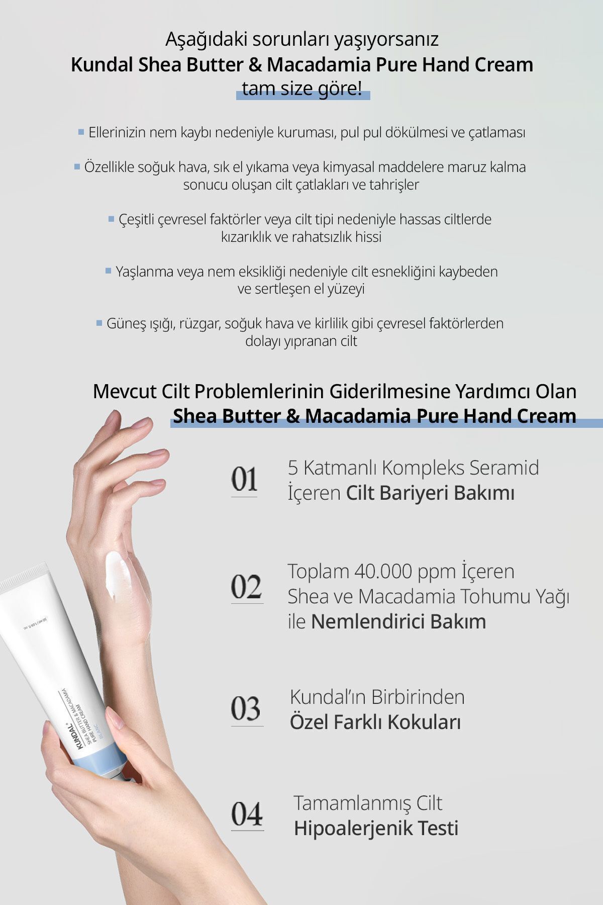کرم دست مغذی مرطوب کننده شدید KUNDAL Shea Butter & Macadamia Pure Hand Cream 50ml (Blanc) Kundal