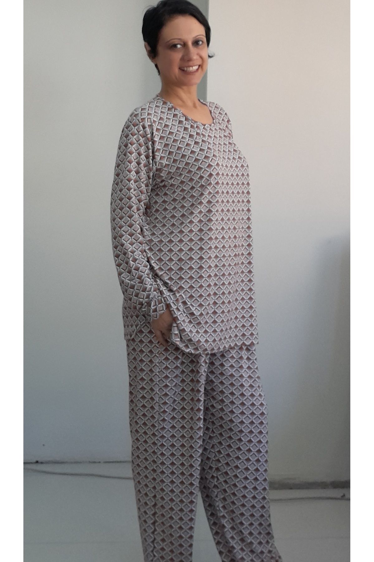 Mertcan Butik-Mink Brown Patterned Combed Cotton Viscose Pajama Set - Top and Bottom Set 2