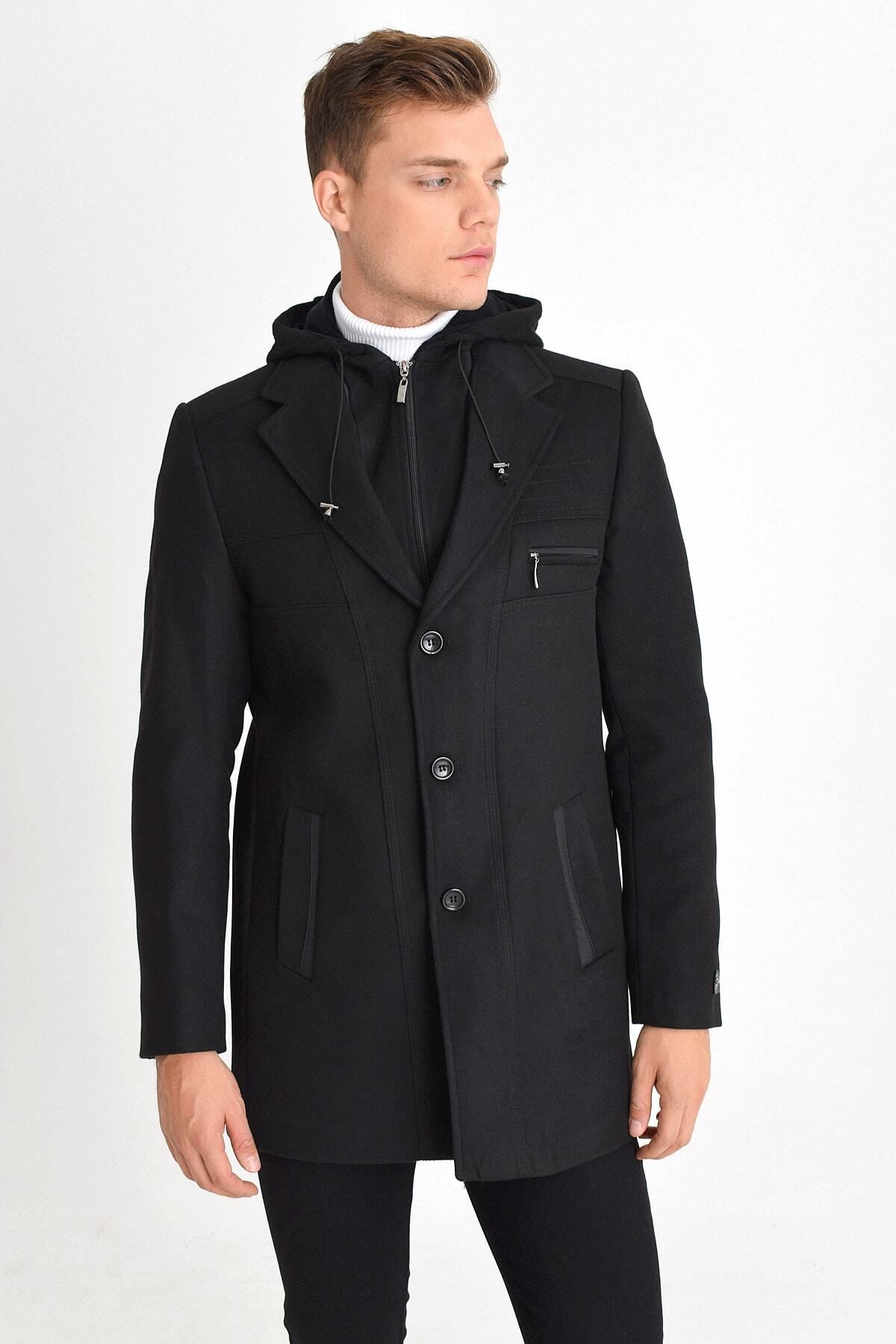 DYNAMO-Men's Black Wool Blend Cashmere Hooded Coat with Zipper and Buttons on the Front 2