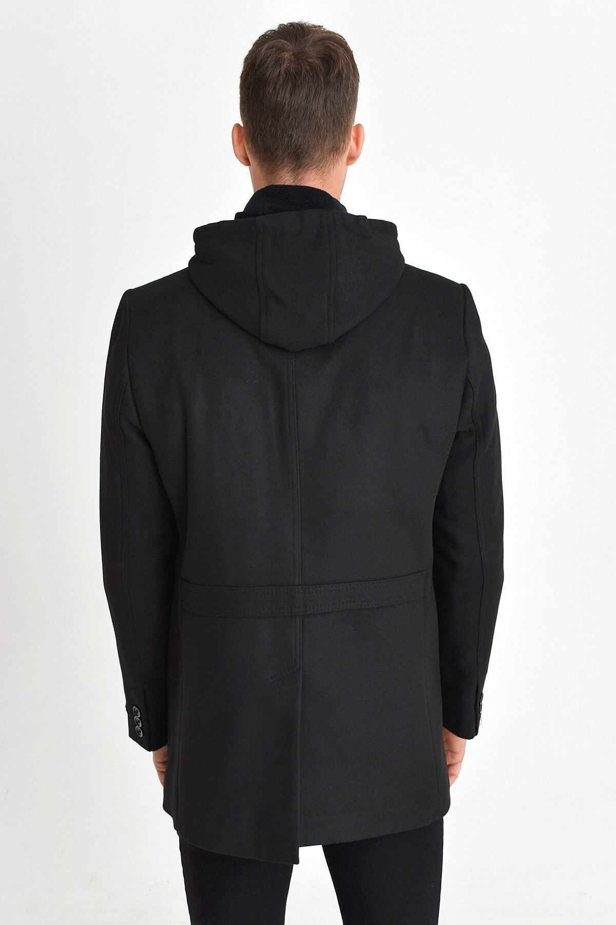 DYNAMO-Men's Black Wool Blend Cashmere Hooded Coat with Zipper and Buttons on the Front 5