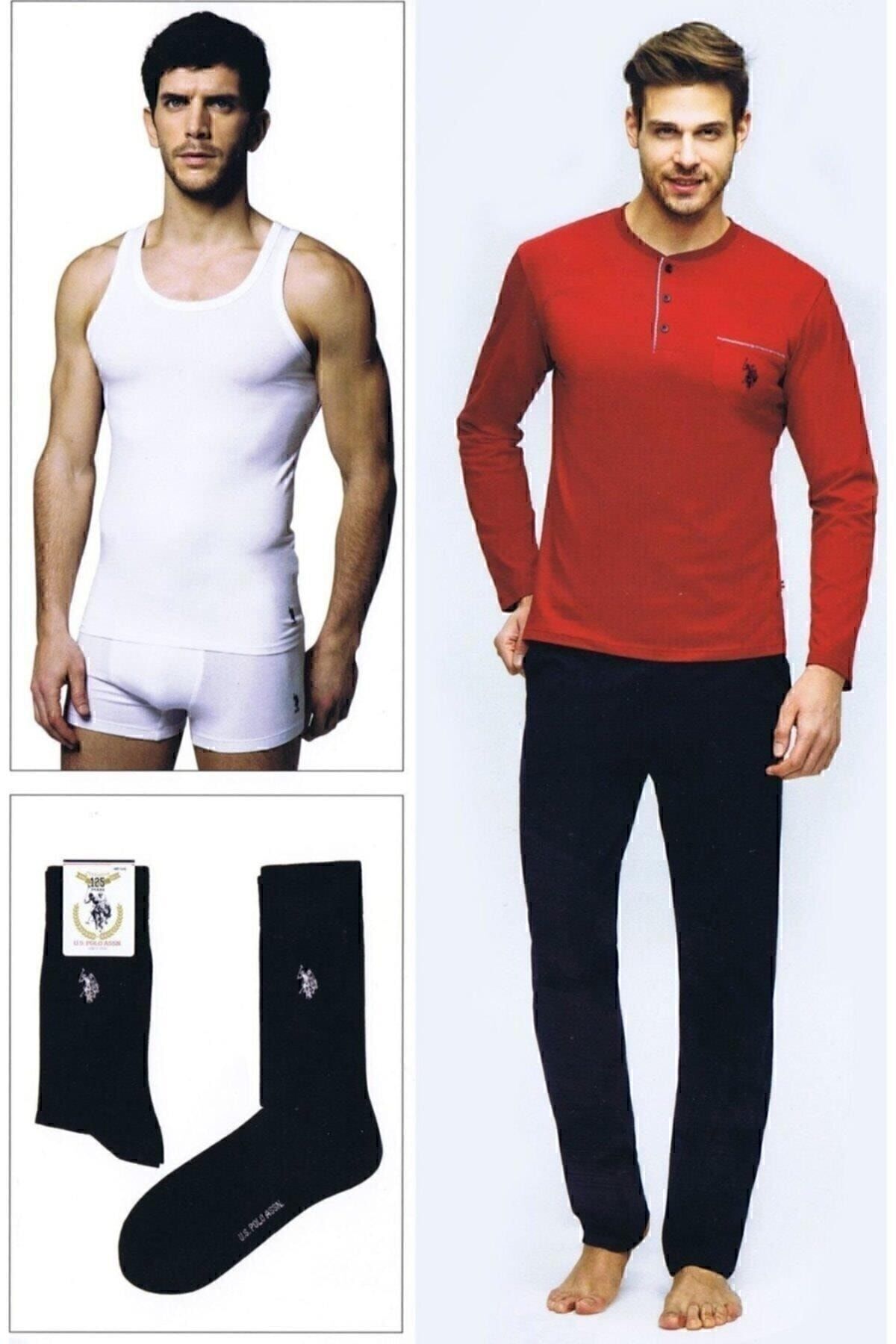 ست پیژامه آبی مردانه لباس زیر 4 عددی جهیزیه مدل U.S Polo 17394 Groom U.S. Polo Assn.