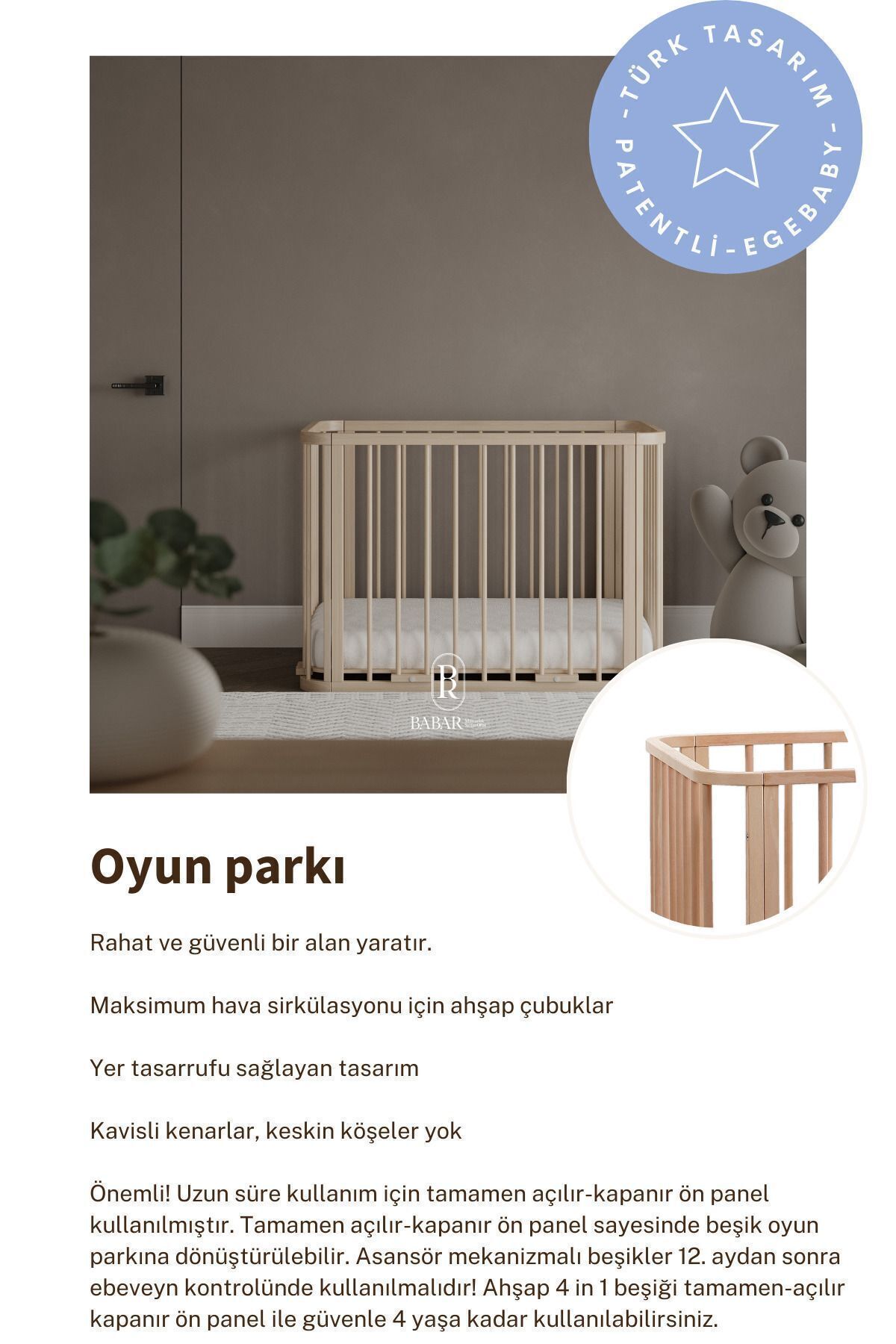 EGEBABY Doğal Ahşap 4in1 Beşik Takım (BL) 70 X 110-anneyanı, Karyola, Oyun Parkı, Montessori Junior Yatak fotoğrafı 6 (önizleme)