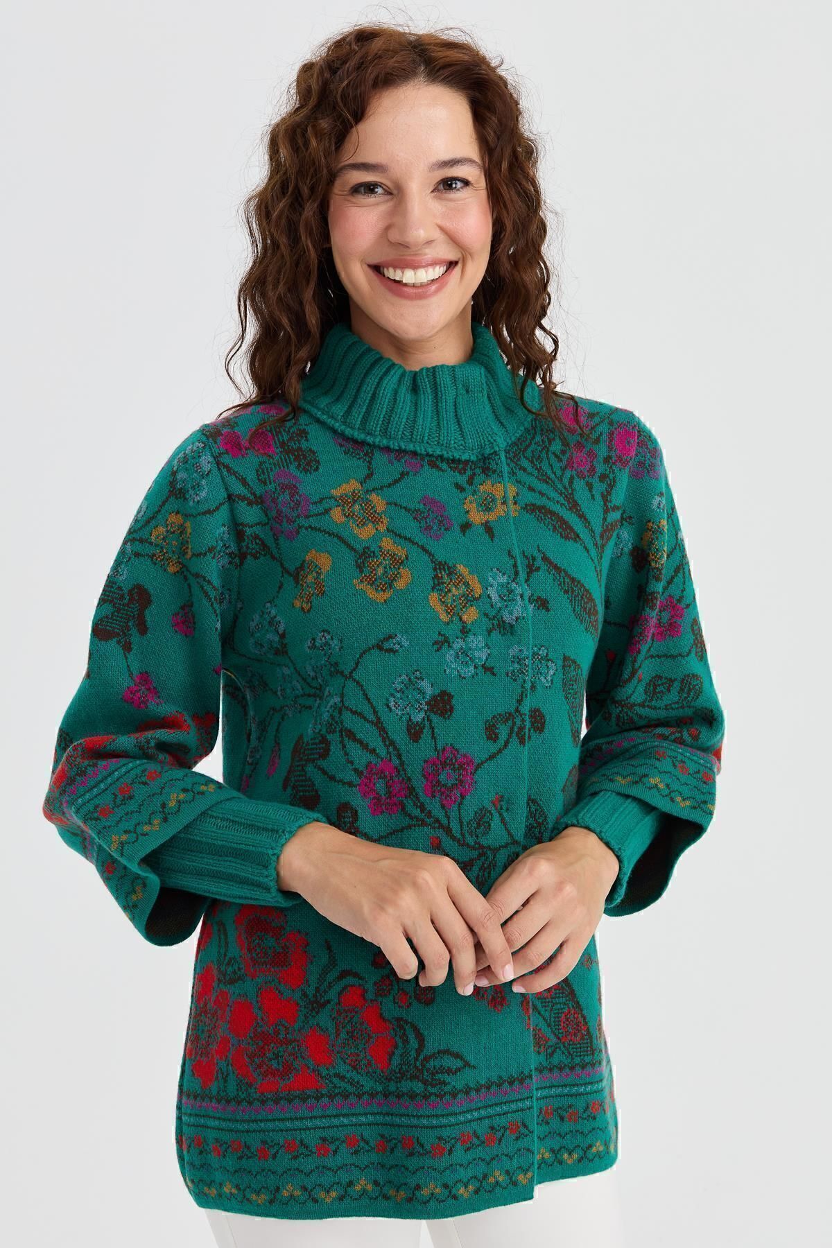 Desen Triko  Kadın Dik Yaka Sarmaşık Çiçekli Yün Ceket A.ö.başı - Görsel 7