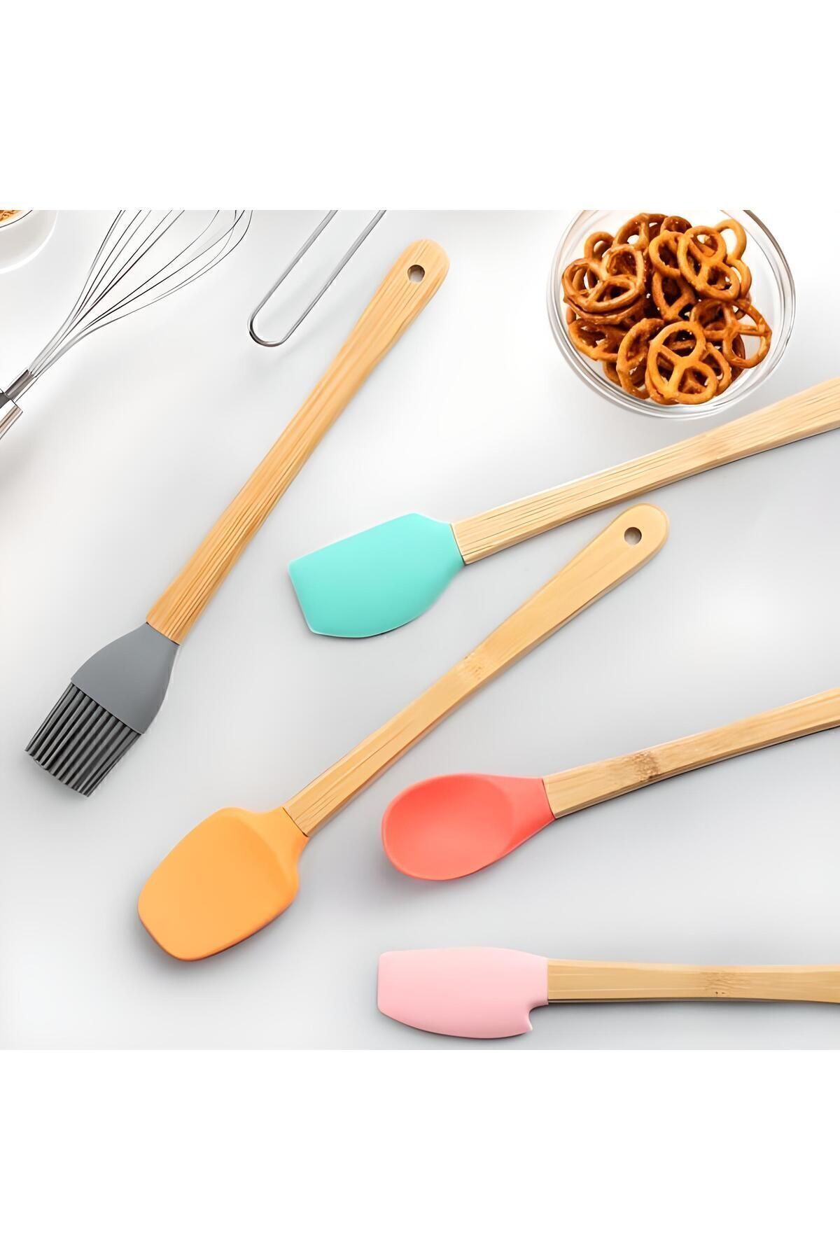 5'li Renkli Bambu Saplı Silikon Uçlu Spatula Fırçalı Kaşık Seti