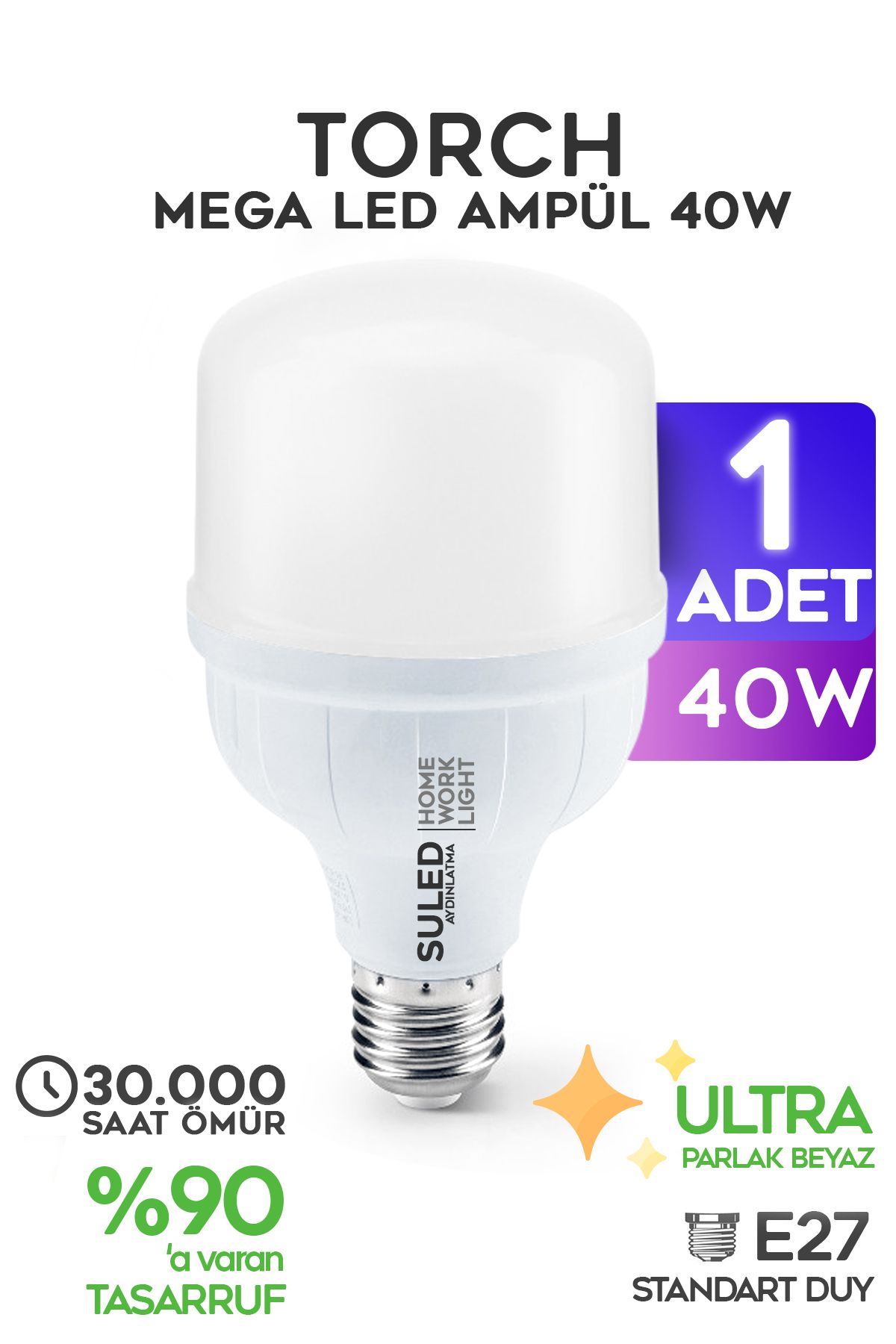 SULED 40w Torch Ultra Güçlü Led Ampül 1 Adet Tasarruflu Ultra Parlak 6500k Beyaz Işık Büyük Ampül E27
