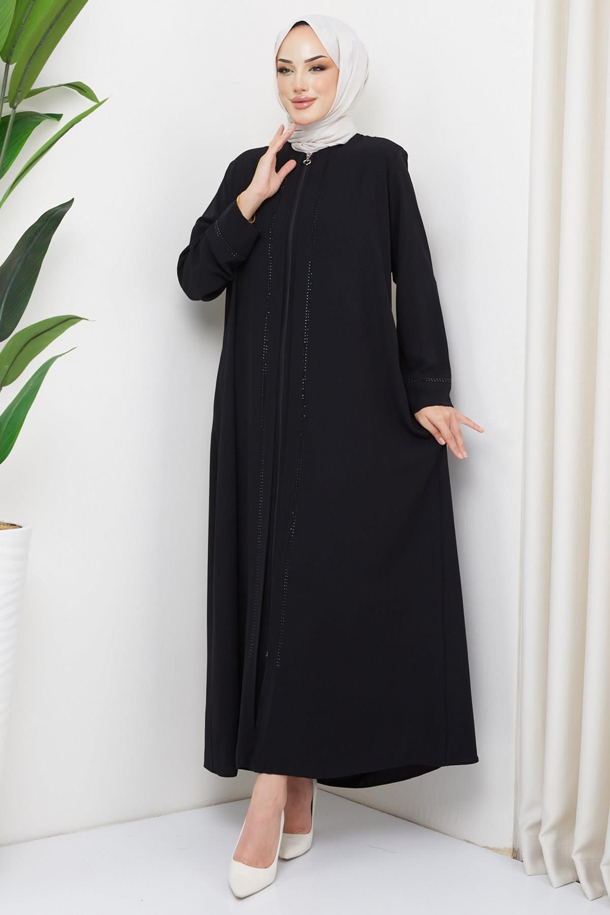 hafsamina-Mina Large Size Stoned Abaya Black HM2308 6