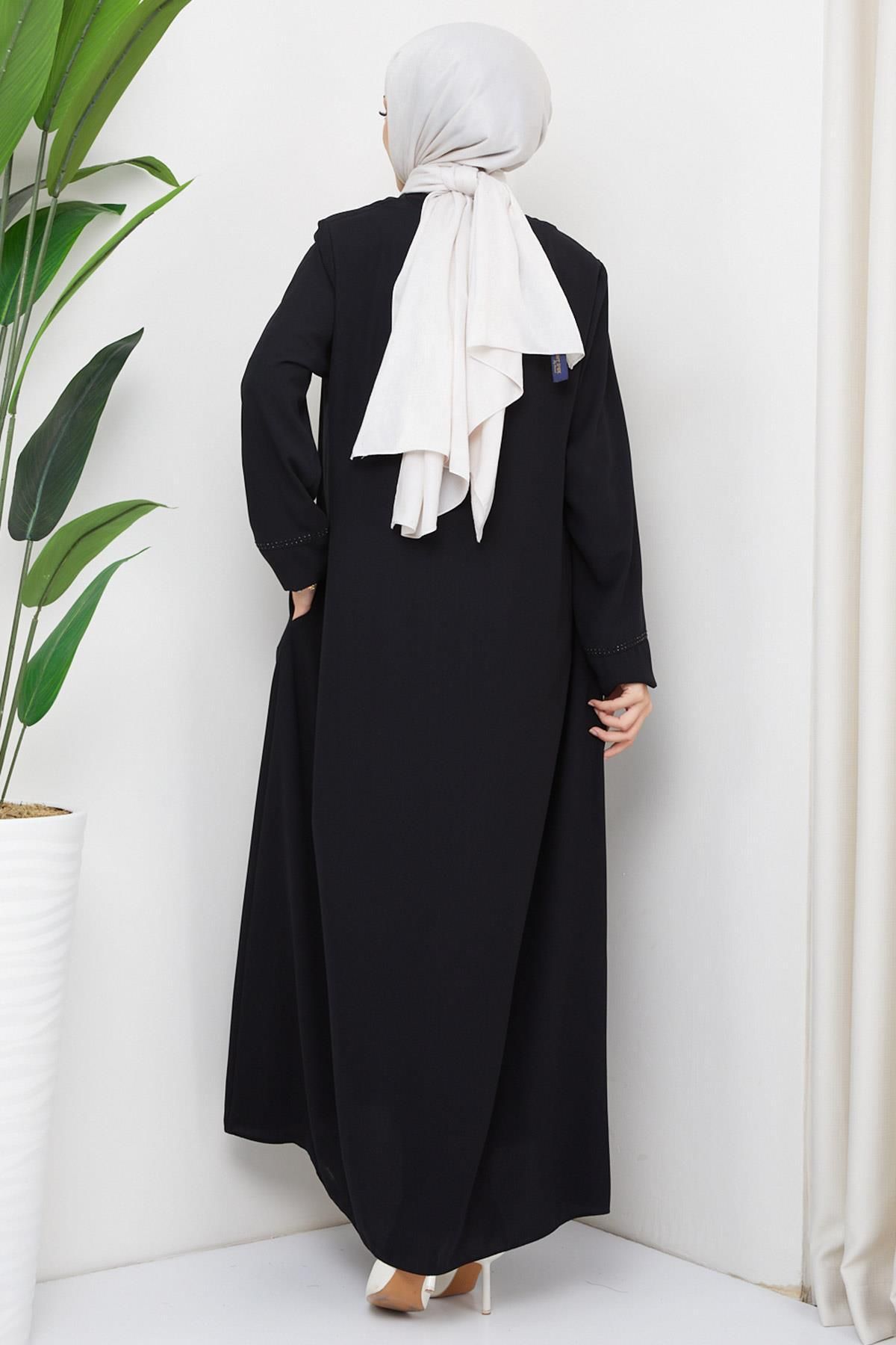 hafsamina-Mina Large Size Stoned Abaya Black HM2308 5