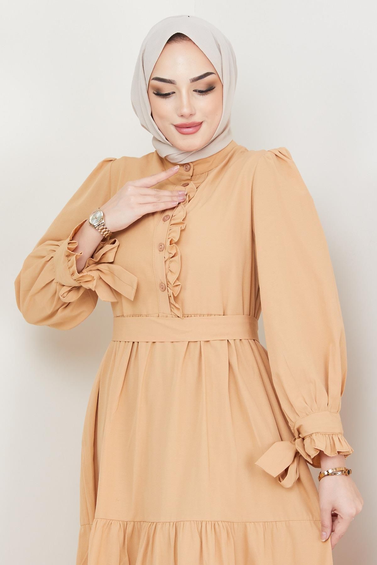 Önü Fırfırlı Kolu Bağlamalı Elbise Camel - 2