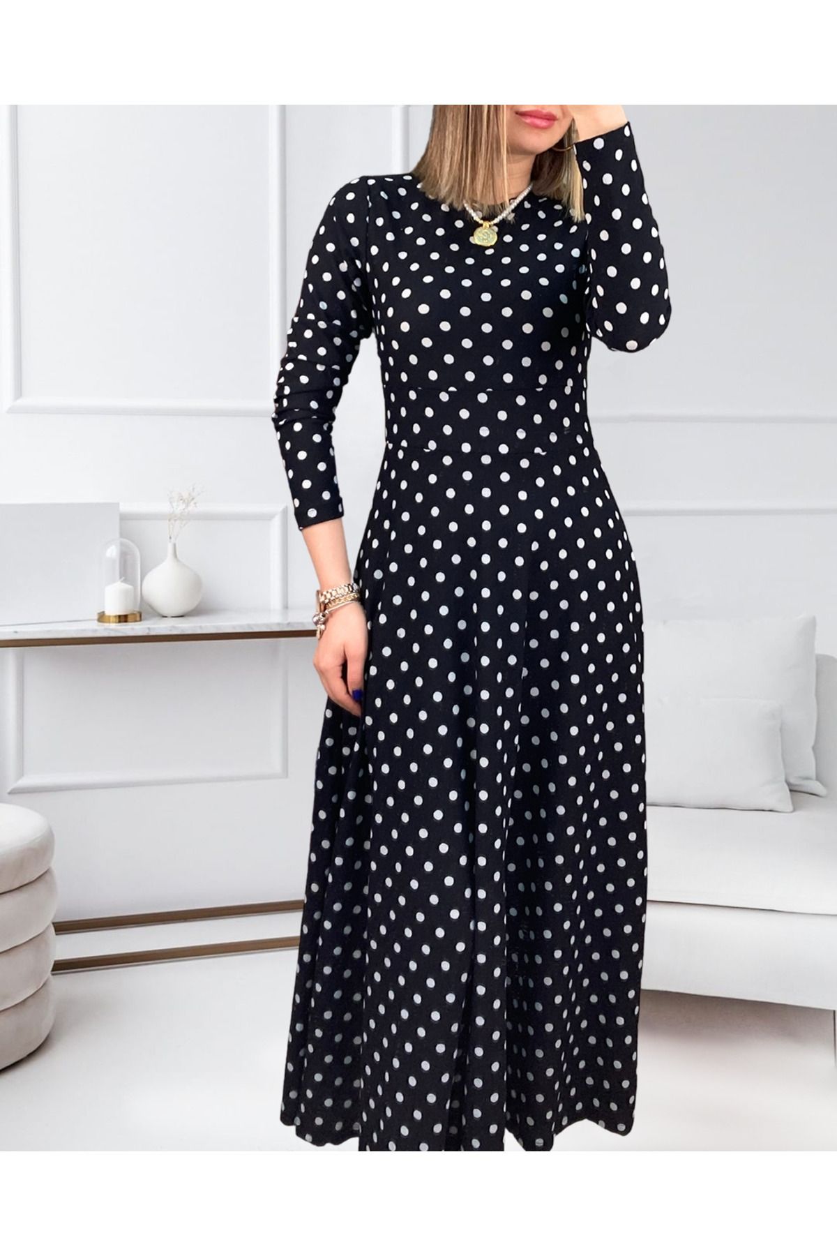 velmorafashion Kadın Krep Kumaş Uzun Kollu Tam Boy Puantiyeli Elbise 132 Cm
