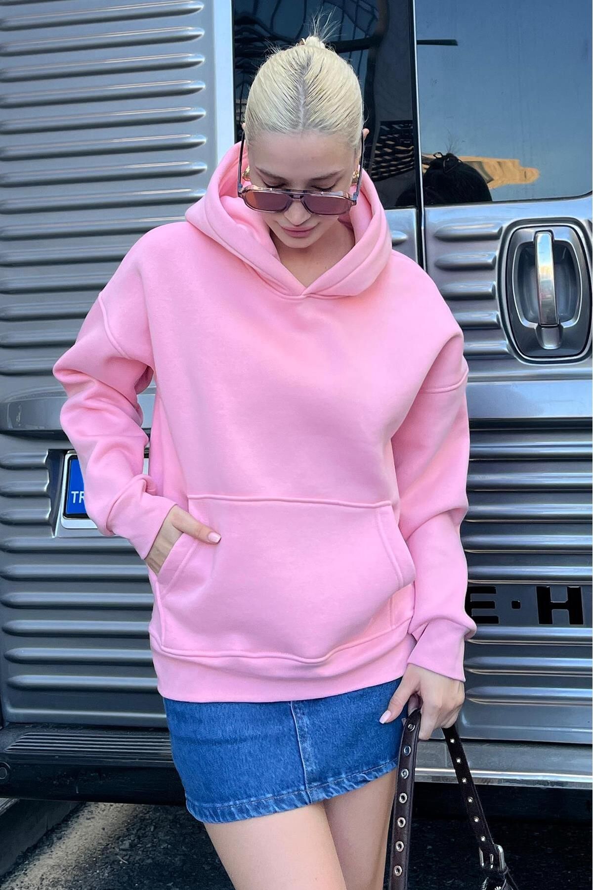 Madmext-Oversize Pink Hooded Sweatshirt - Pocket, Mg2206 3