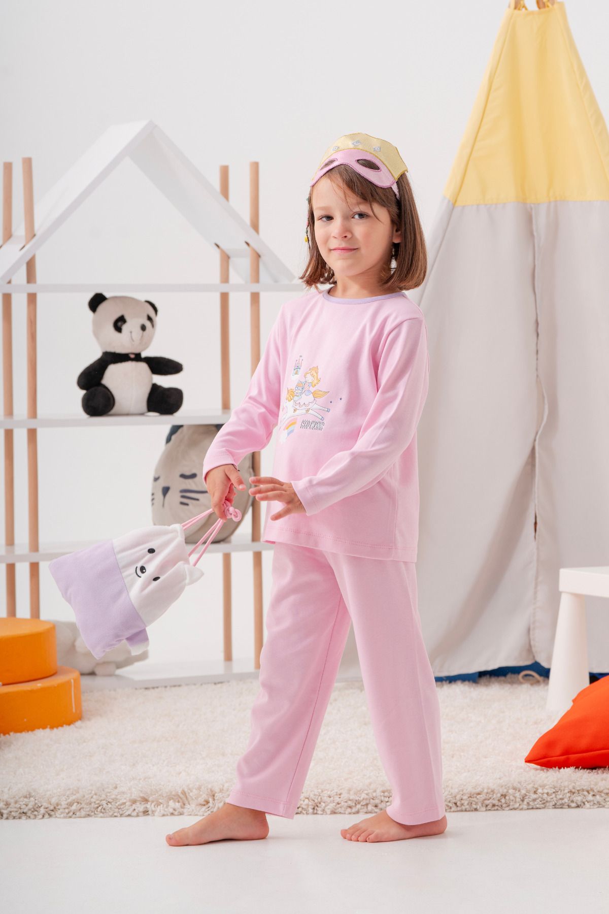 BUUDE Unicorn Desenli Çanta ve Maskeli % 100 Pamuk Kız Çocuk Pijama Takımı