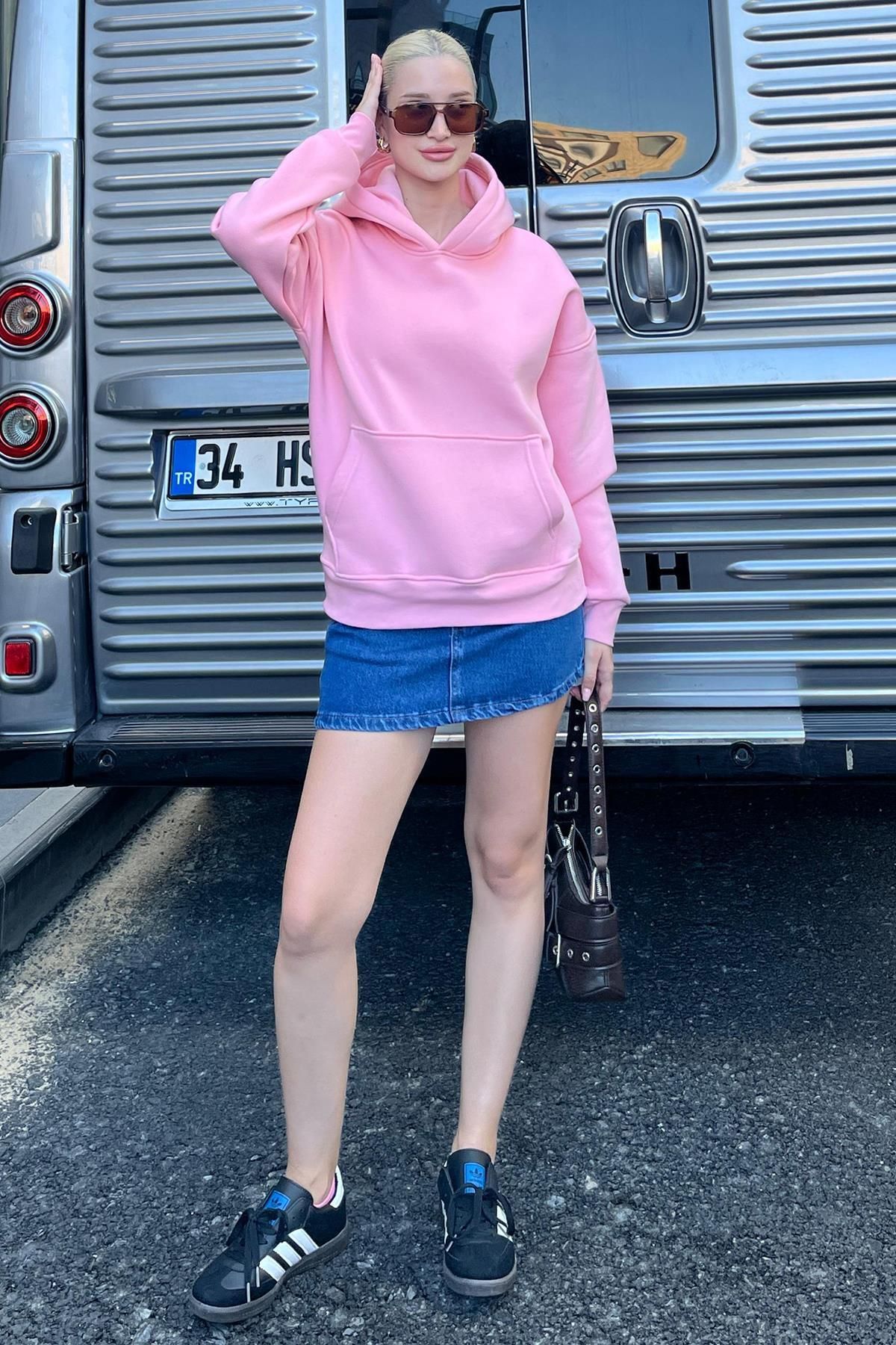 Madmext-Oversize Pink Hooded Sweatshirt - Pocket, Mg2206 2