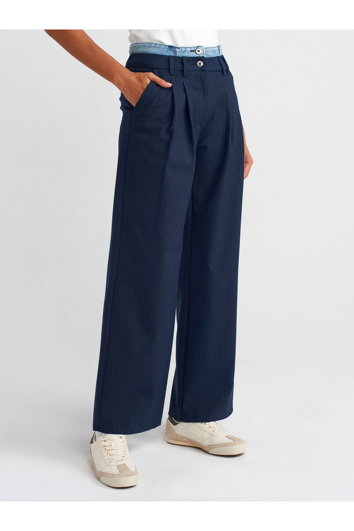 Dilvin-71544 Navy Blue Denim Waistband Trousers 3