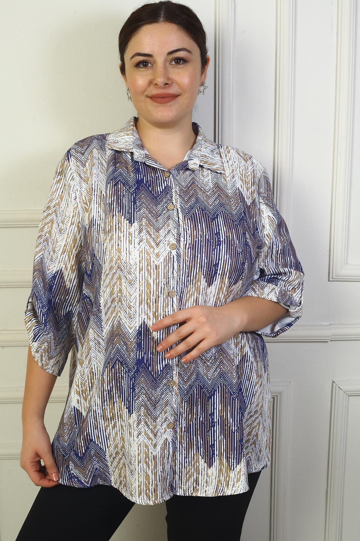 By Saygı-Zigzag Patterned Large Size Women's Shirt - Sleeve Folded 3