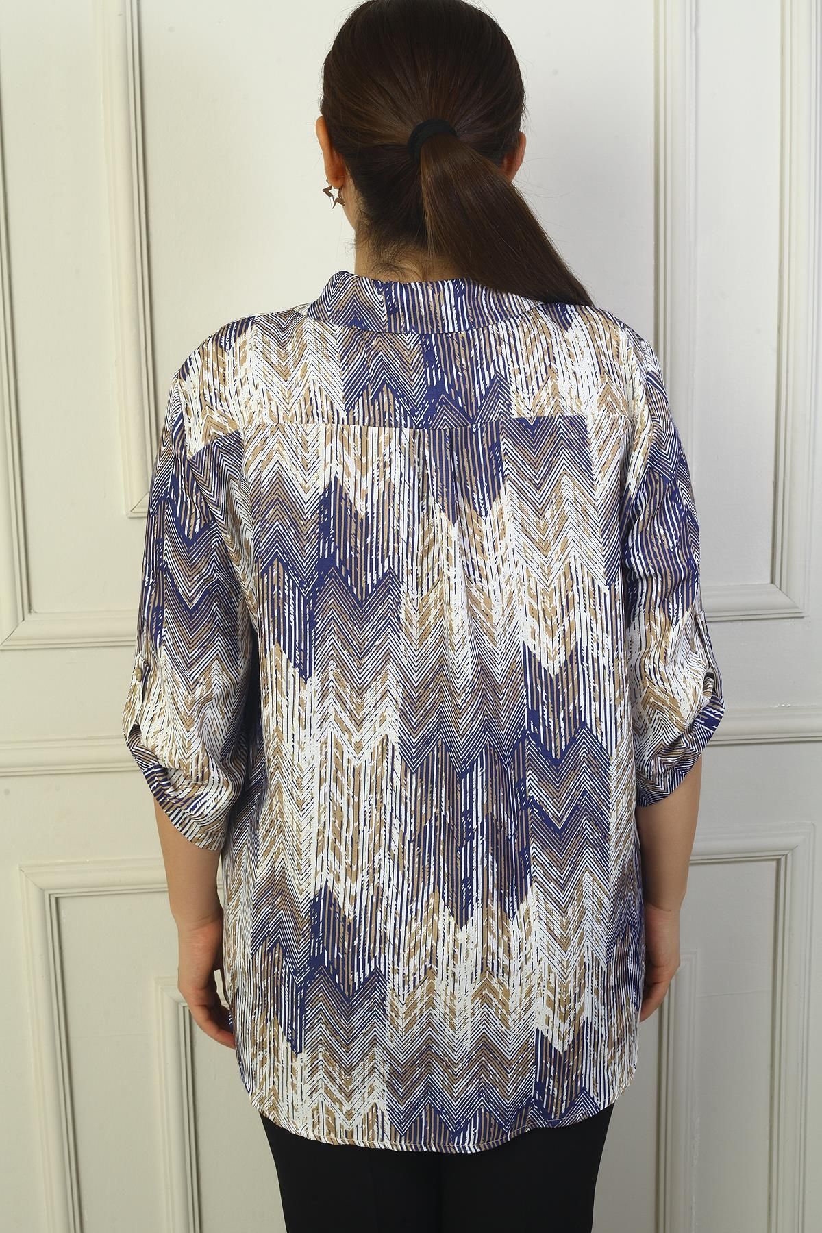 By Saygı-Zigzag Patterned Large Size Women's Shirt - Sleeve Folded 4