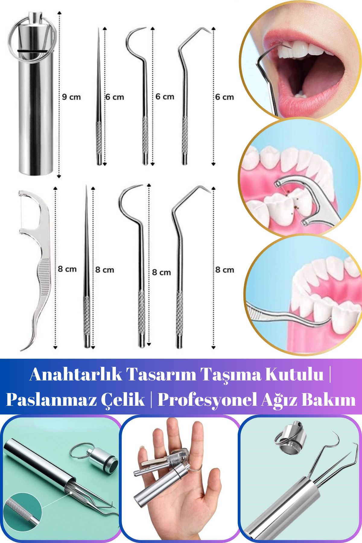 Hane Dostu 7 + 1 Parça Anahtarlık Taşıma Kutulu Paslanmaz Çelik Diş Bakım Seti | Tartar Sökücü Temizlik Seti