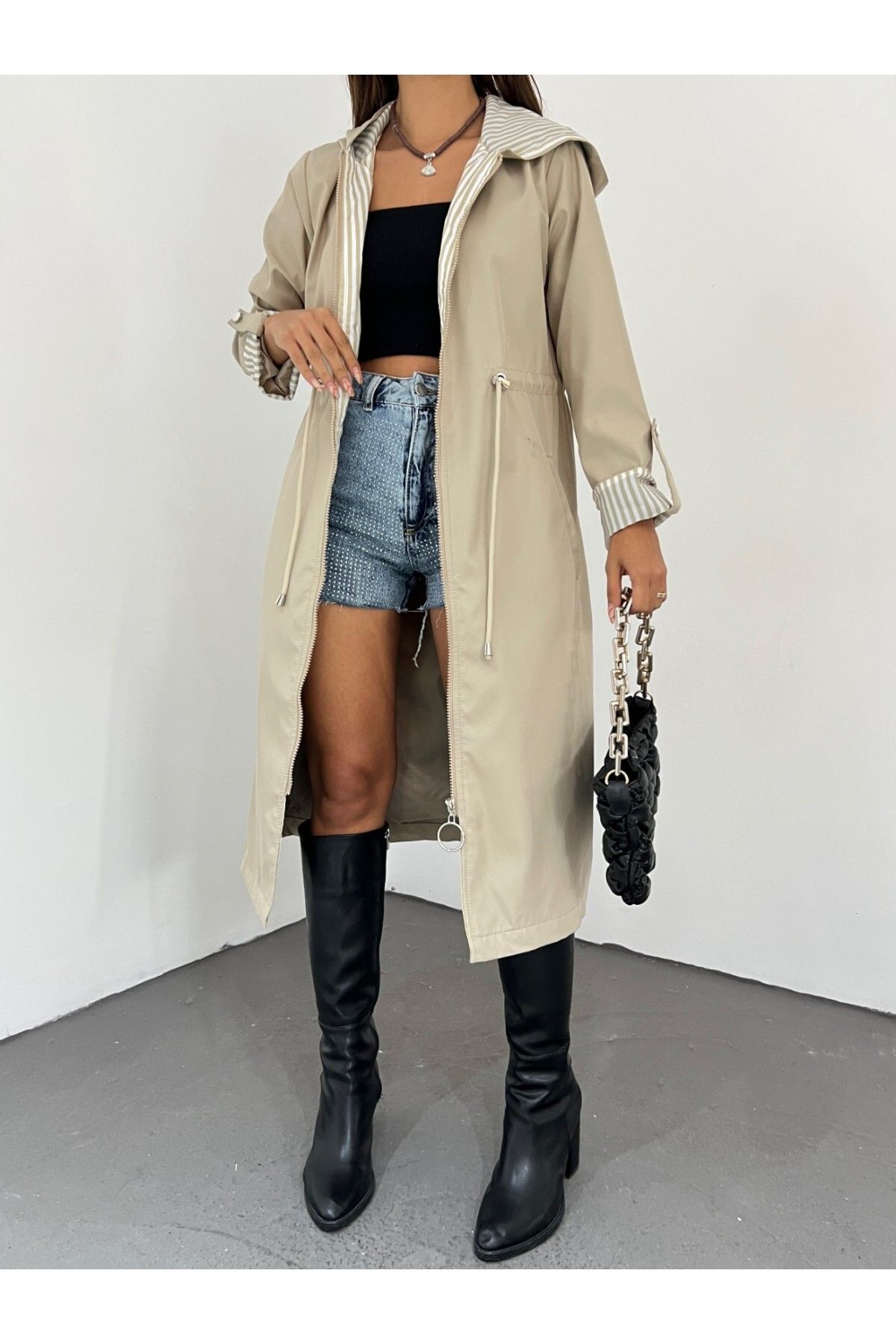 Modamorfo-Gesteppter Trenchcoat mit Kapuze – Taillenbesatz und Futter, Steinfarbe 6