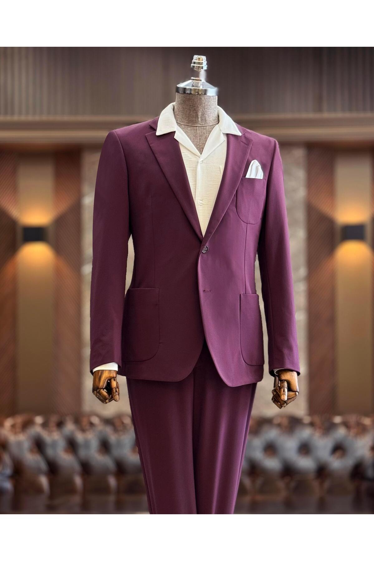 İtalyan stil slim fit erkek ceket pantolon takım elbise morj T12921 — بنفش
