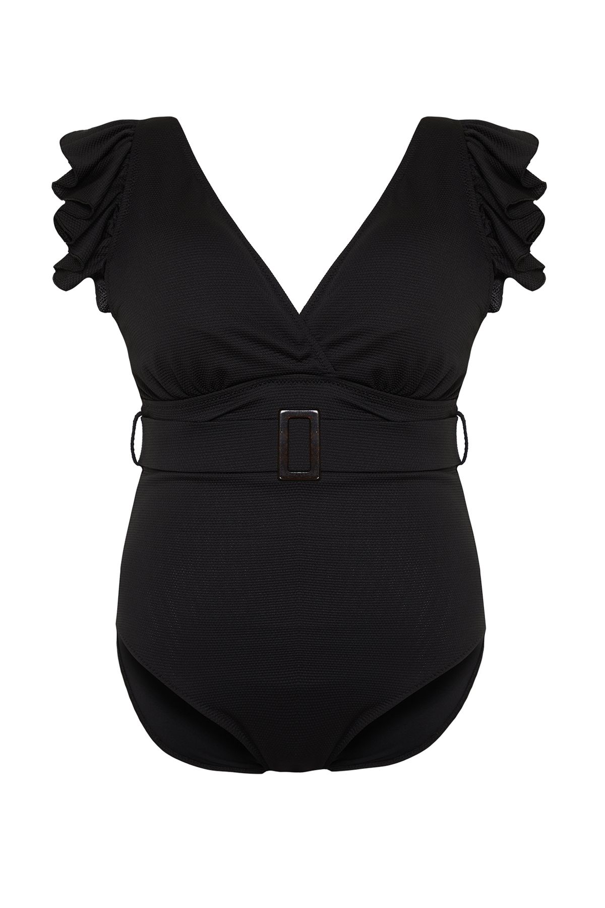 Trendyol Curve-Black Deep V Belted Knitted Plus Size Swimsuit with Recovery Effect Tbbss24Am00015 7