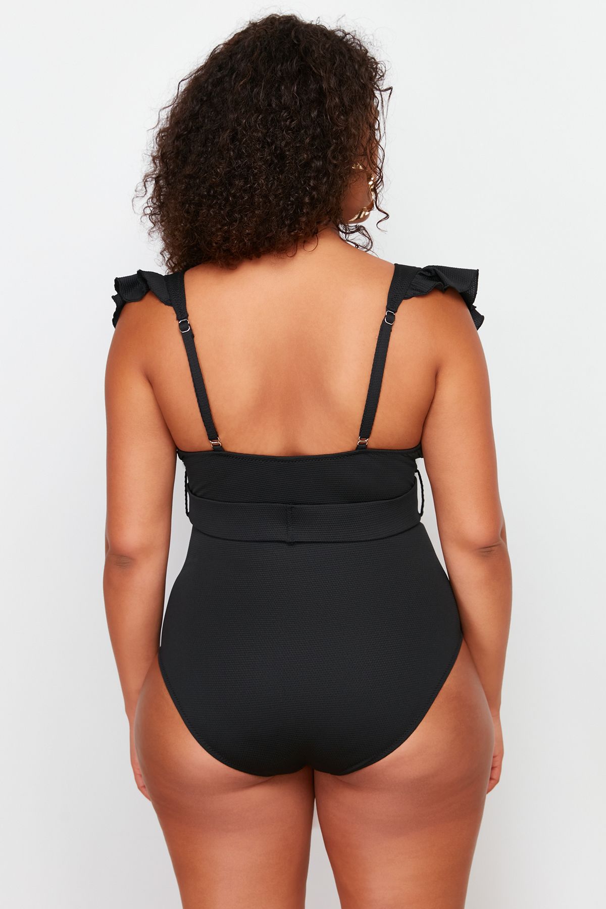 Trendyol Curve-Black Deep V Belted Knitted Plus Size Swimsuit with Recovery Effect Tbbss24Am00015 6