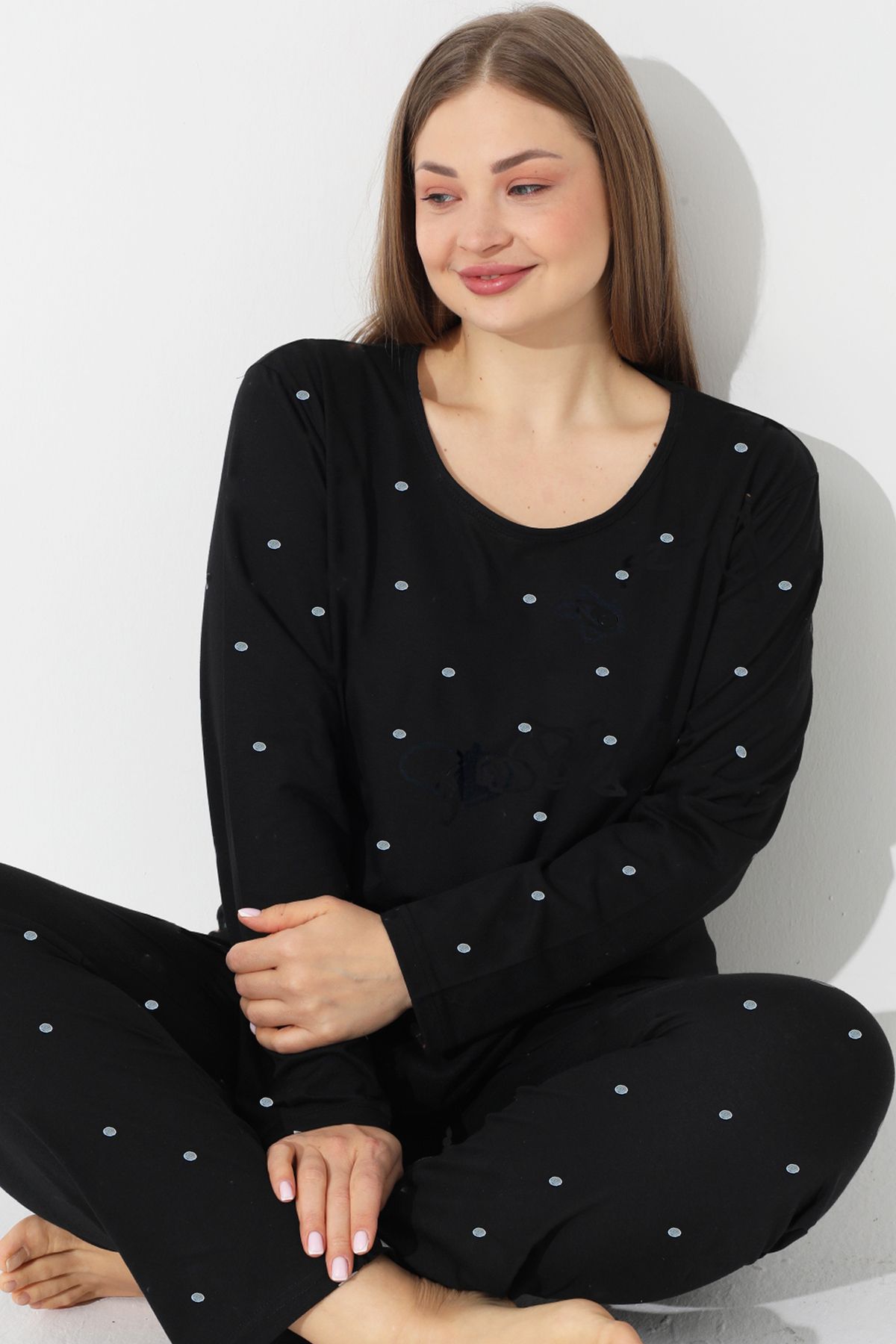 Siyah İnci-Black and White Point Pattern Curve Plus Size Oversize Bavlnené pyžamo Set 7616 1