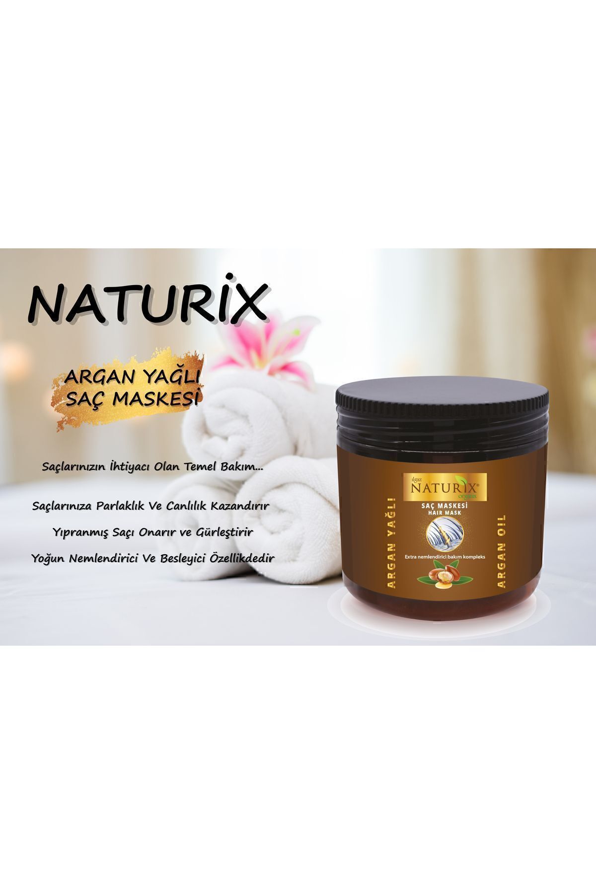 Tüm Saç Tipleri Için Doğal Argan Yağlı 500 ml Saç Bakım Maskesi Argan Saç Maskesi — 8697447298095 — تصویر 2 از 4