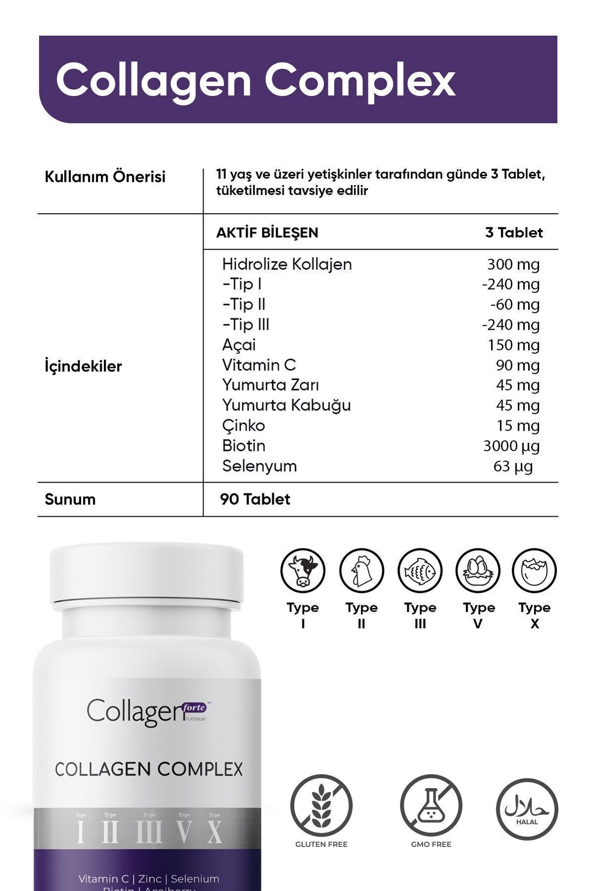 Collagen Forte Platinum-5 Types Collagen Complex Type 1,2,3.5, And Type 10 Biotin, Zinc, Selenium, Vitamin C & Acae, 90 Tablets 3
