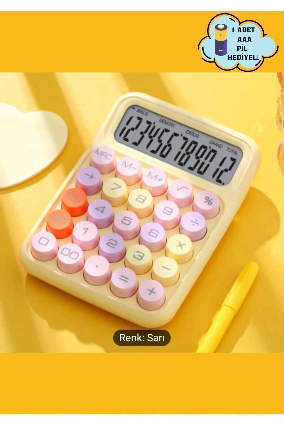 Genel Markalar Renkli  12 Hane Mekanik Hesap Makinası Büyük Ekranlı 4 Fonksiyonlu (SARI)