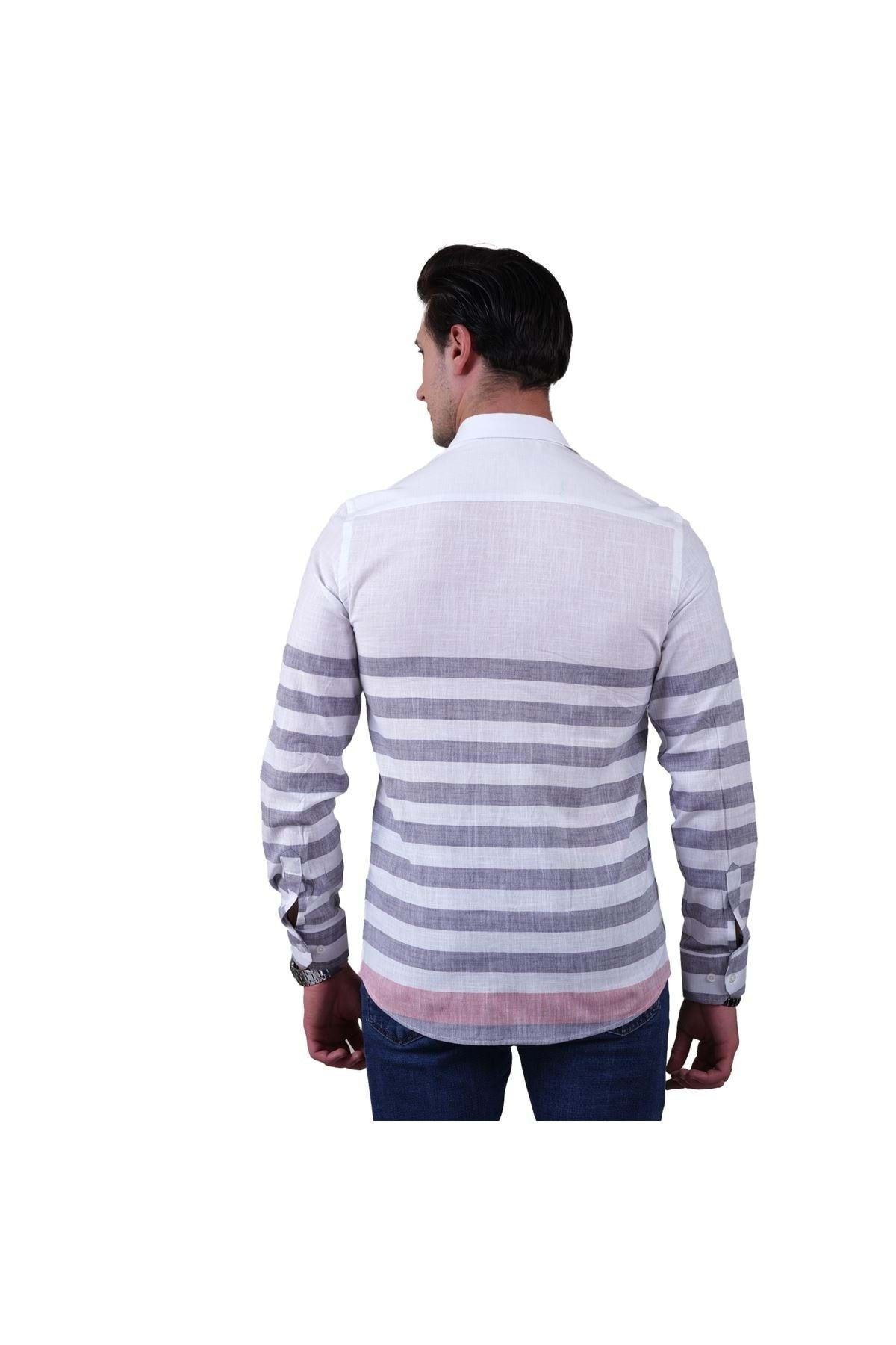 Exve Exclusive-White with Gray Stripes and Red Finish Special Cut Cotton Linen Slim Fit Men's Shirt 5