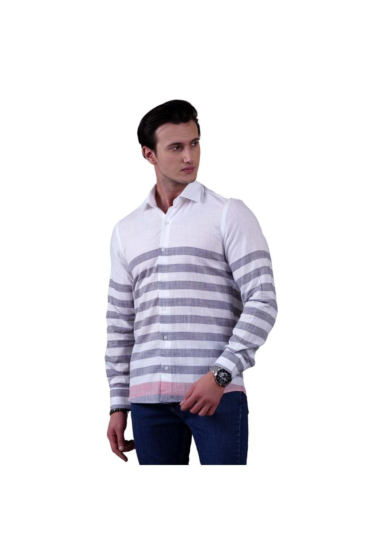 Exve Exclusive-White with Gray Stripes and Red Finish Special Cut Cotton Linen Slim Fit Men's Shirt 4