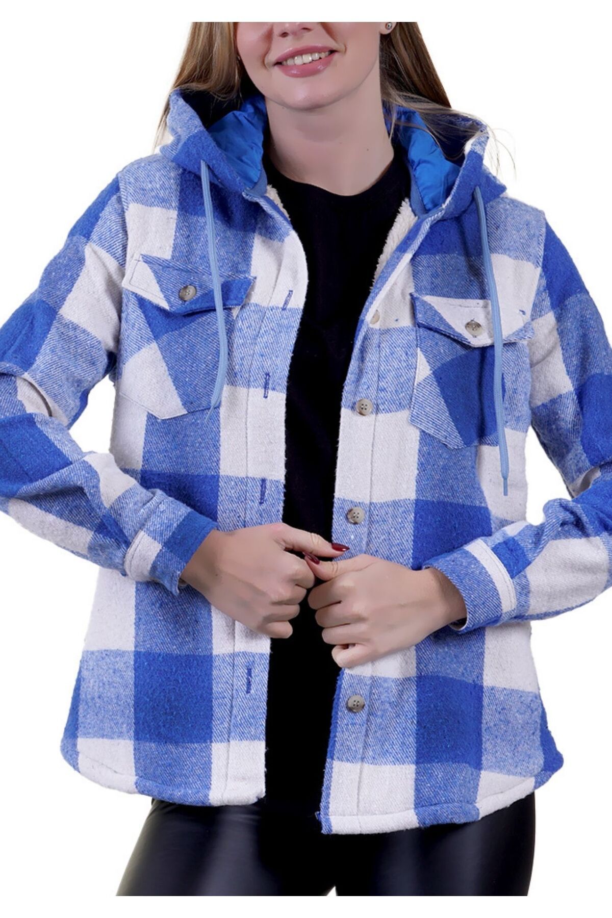 Exve Exclusive Blue Cream Checkered Checkered Hooded Wool Fur Inside Winter Lumberjack Women s Jacket Shirt for Women price in Dubai UAE Compare Prices
